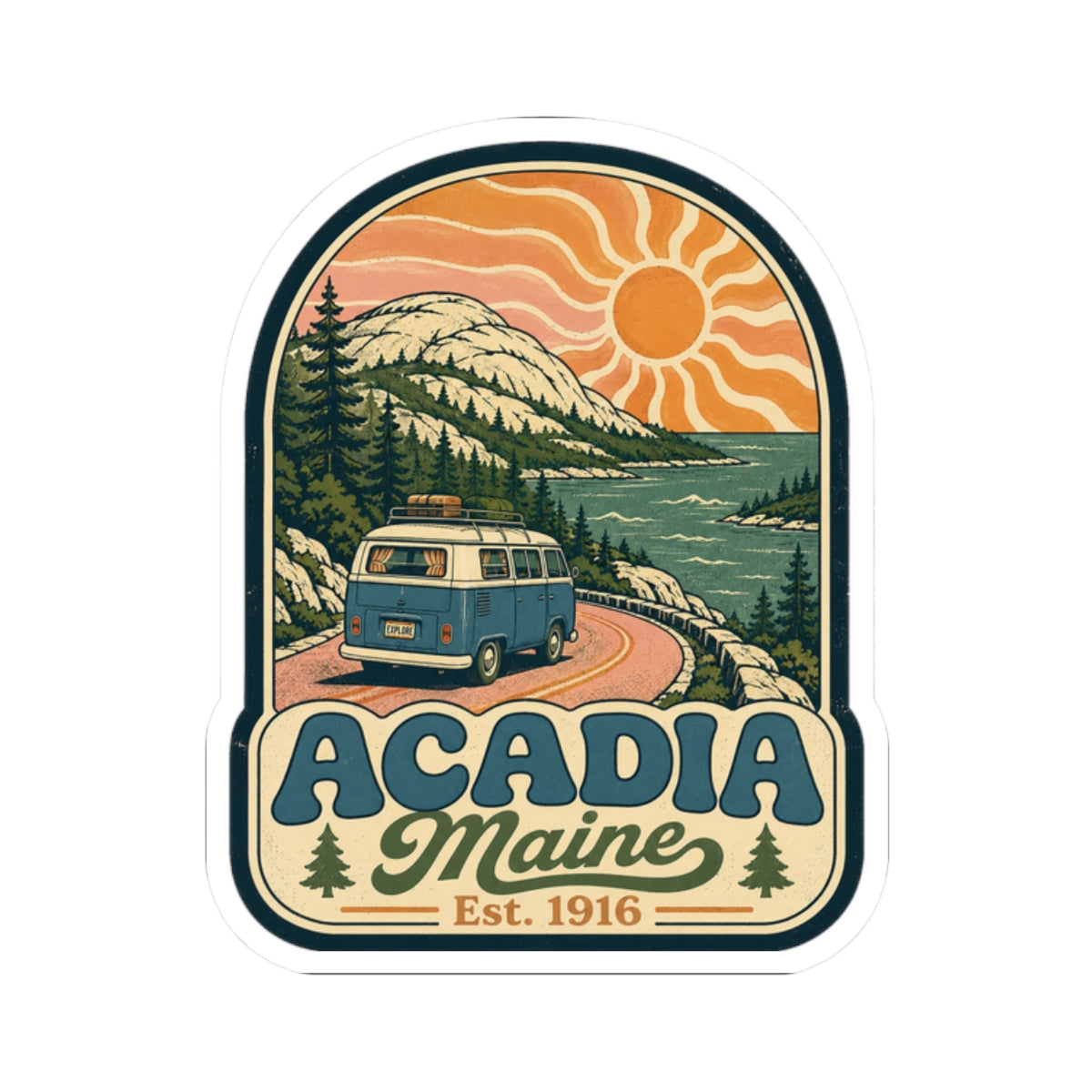 Acadia Maine decal showing retro camper van on road, pine hills, orange sun, Est. 1916