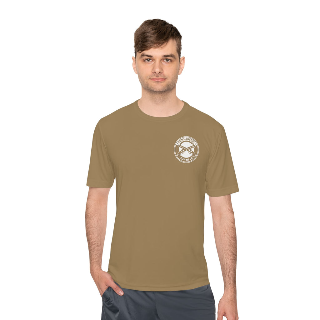 Coyote brown 100% polyester T-shirt worn by a man; circular chest logo.