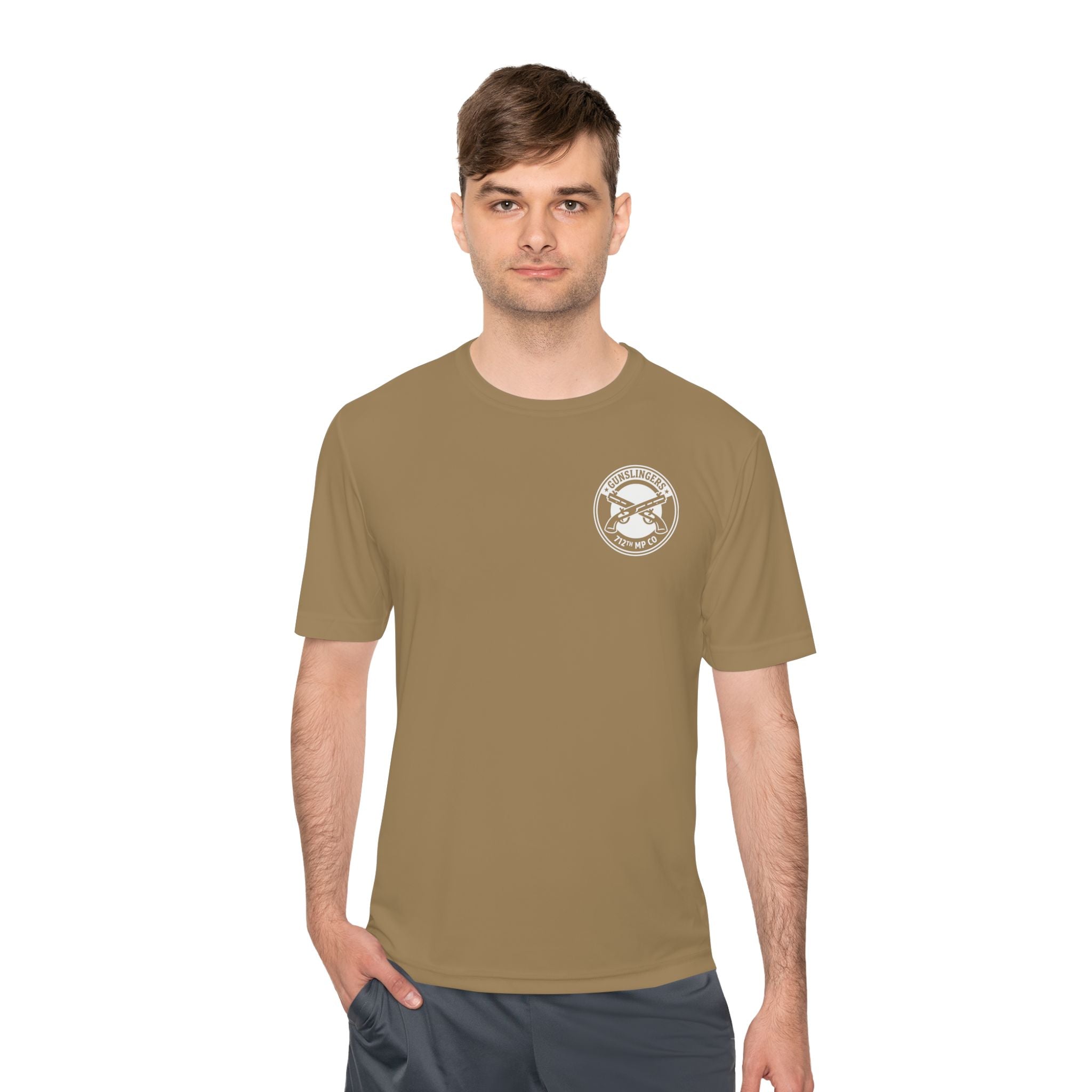 Coyote brown 100% polyester T-shirt worn by a man; circular chest logo.