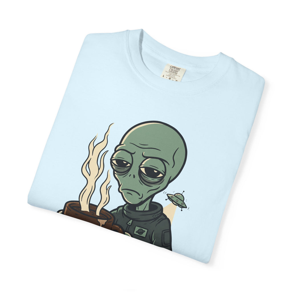 Light blue crew-neck T-shirt with alien coffee graphic