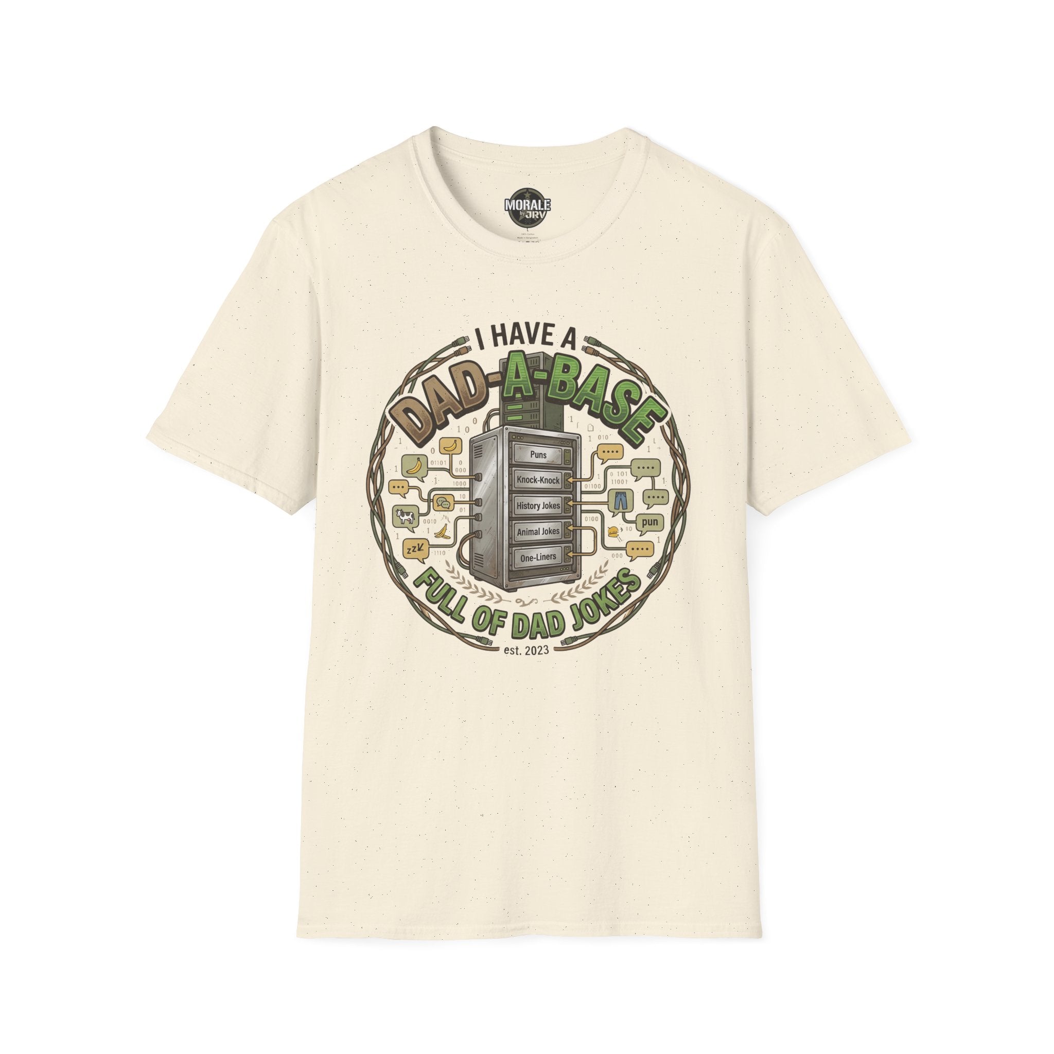 Natural/off-white T-shirt with “I have a Dad-a-Base” retro computer dad-joke graphic