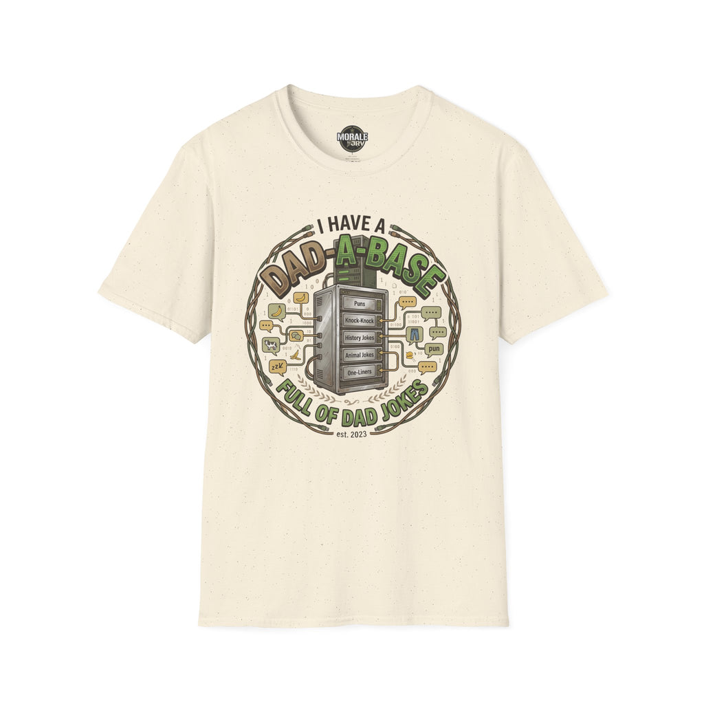 Natural T-shirt with “Dad-A-Base” dad jokes circular graphic on the chest