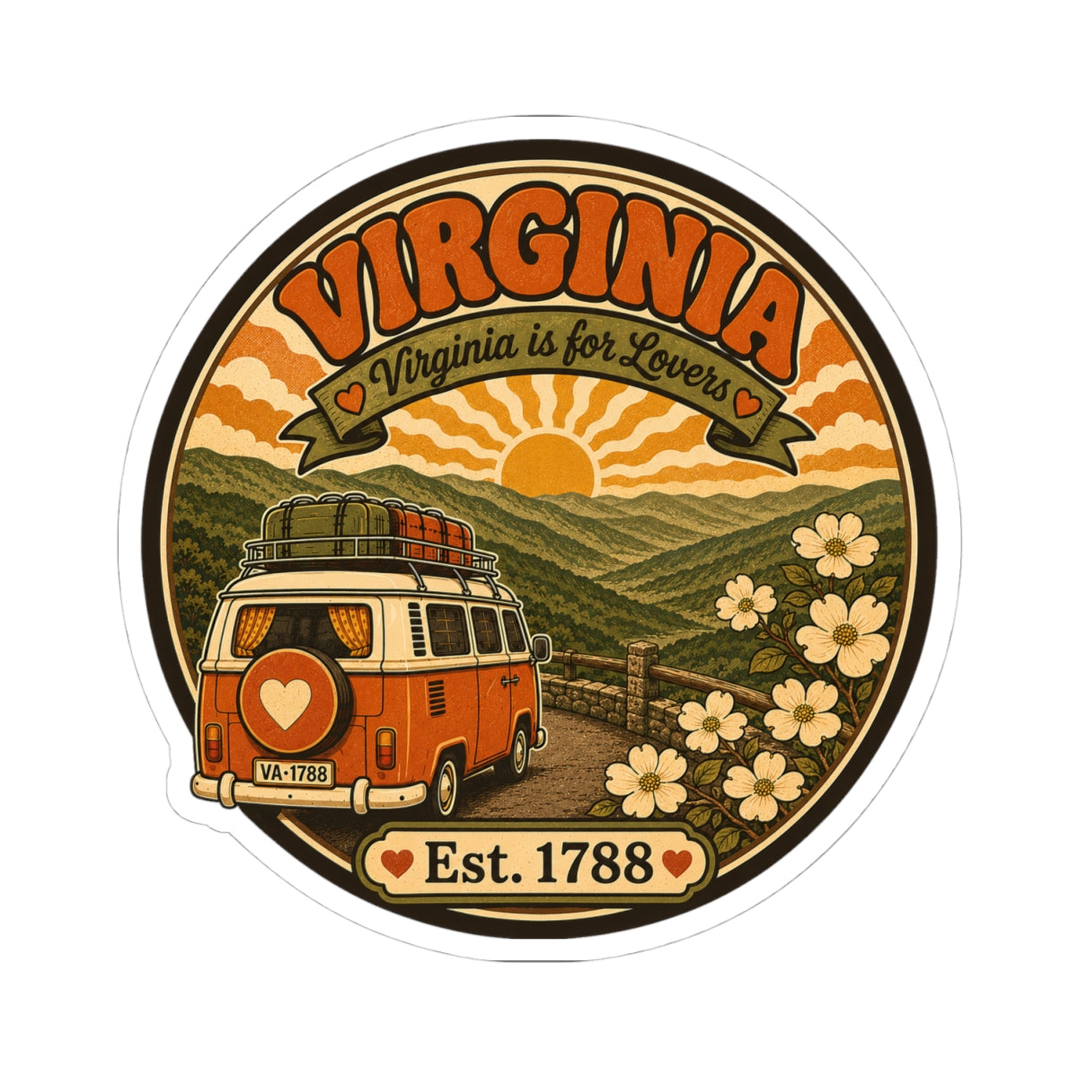 Circular Virginia travel sticker showing a retro orange van, scenic hills, and “Est. 1788”