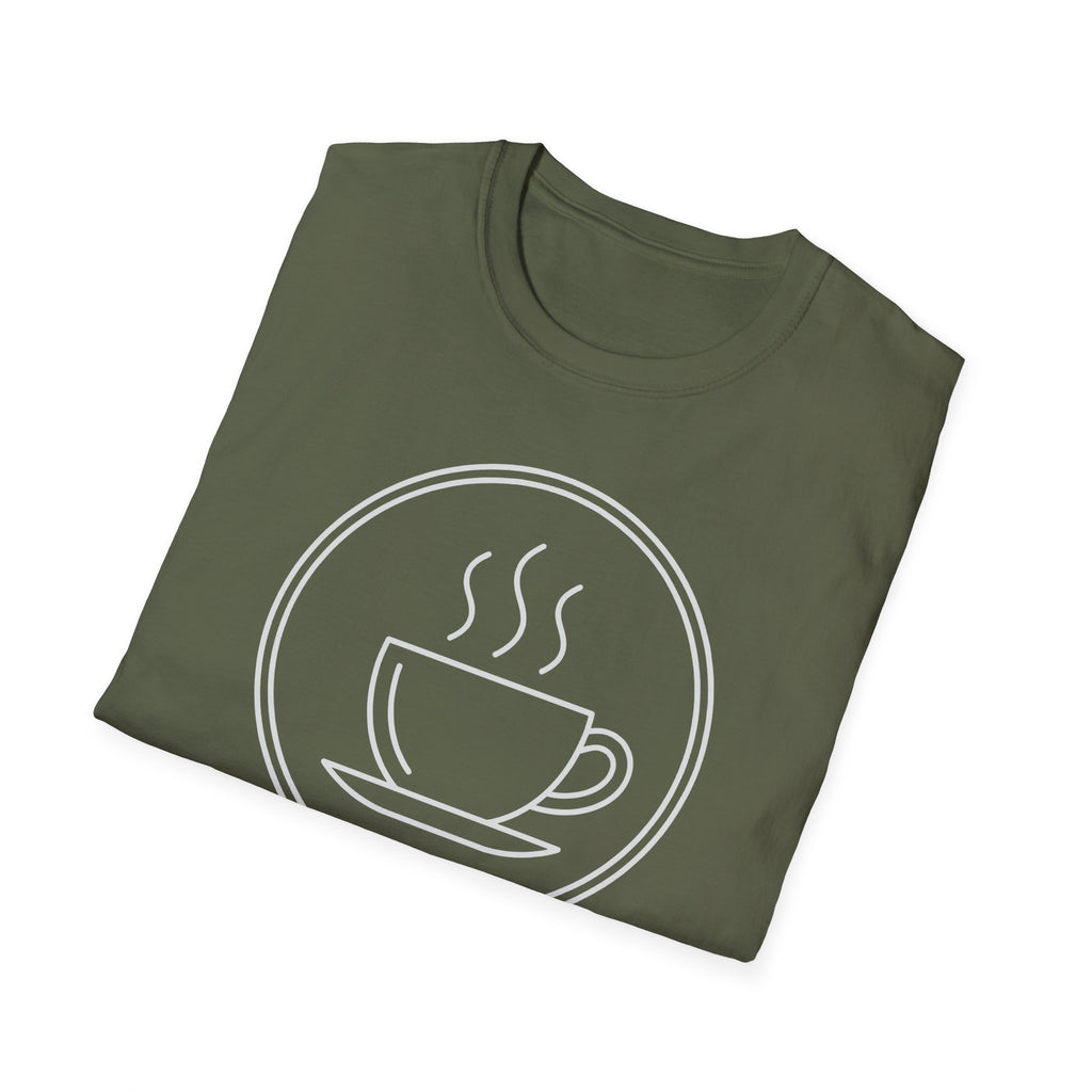 Olive green crew-neck T-shirt with circular coffee cup line-art graphic
