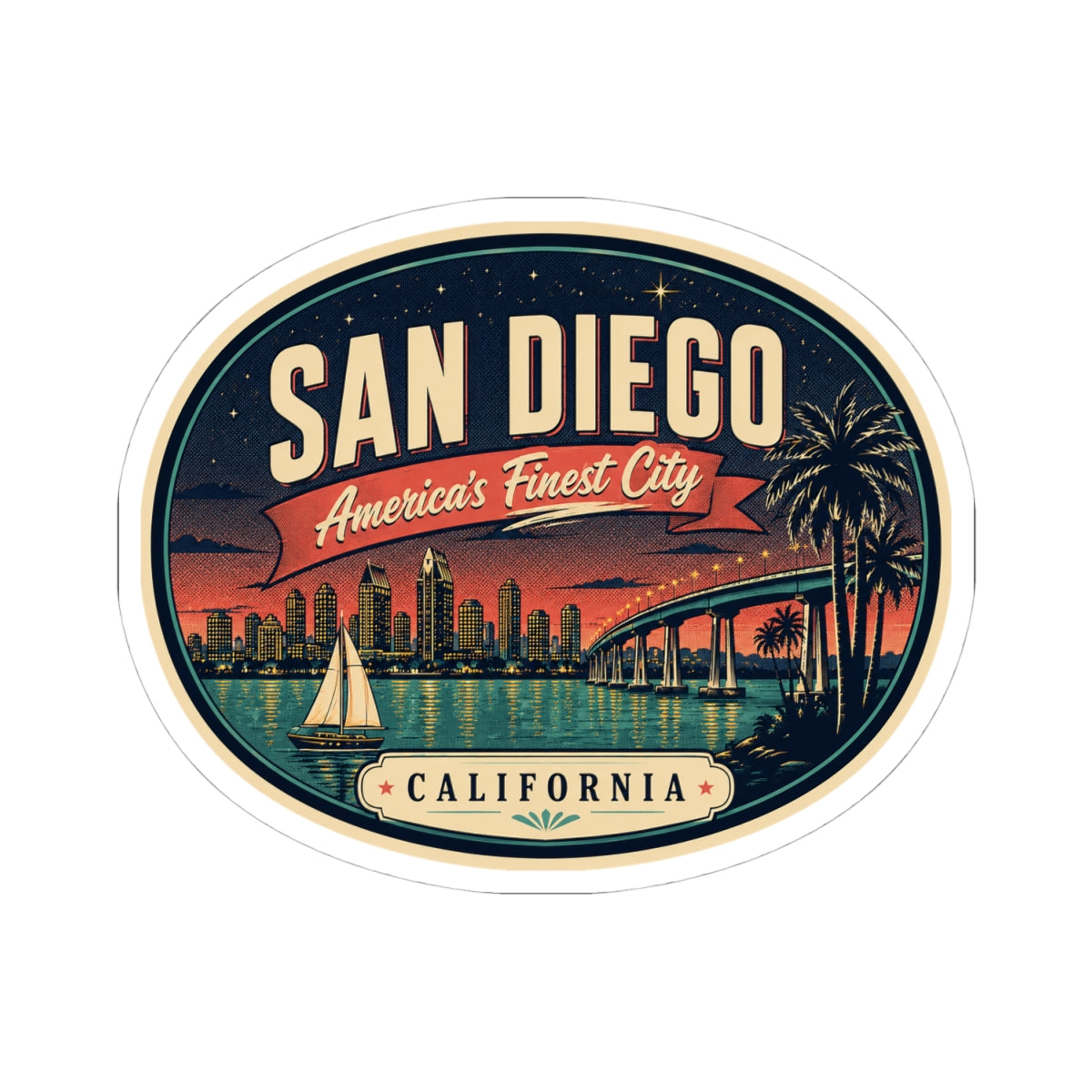 Round San Diego luggage tag sticker with California banner and palm bridge artwork