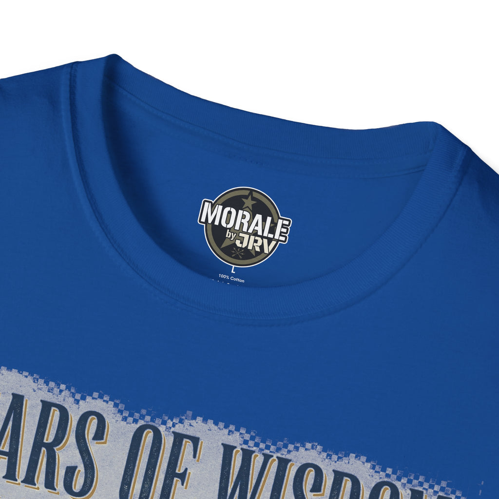 Royal blue T-shirt neckline logo patch and partial “YEARS OF WISDOM” text