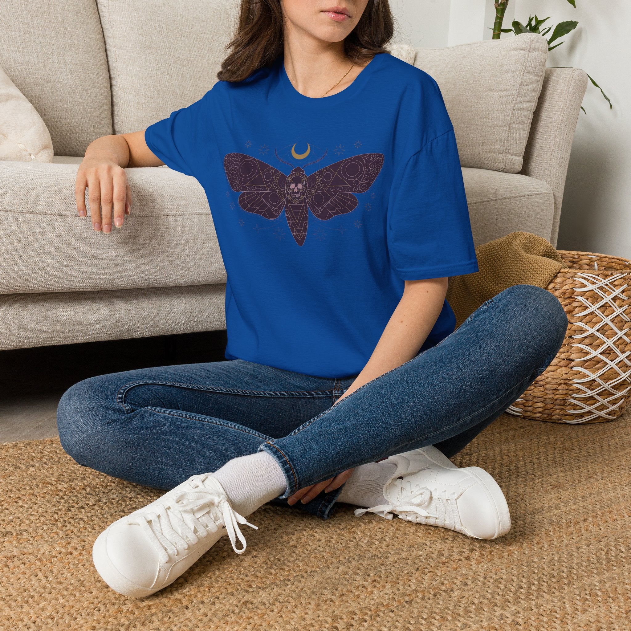 Royal blue T-shirt with moth skull and crescent moon chest graphic