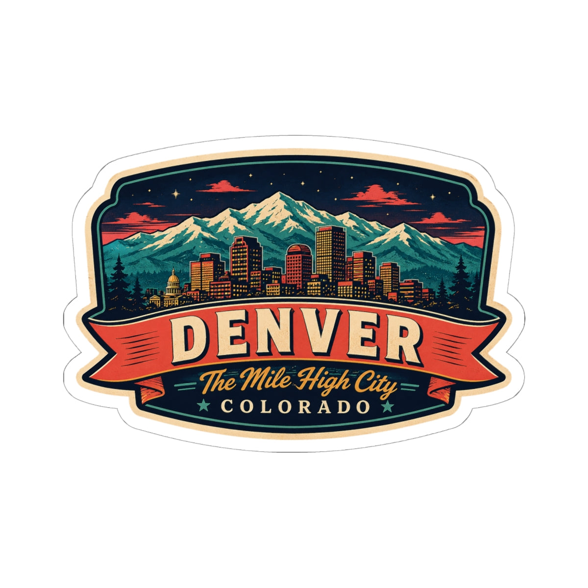 Luggage tag sticker with Denver skyline and banner text: “The Mile High City Colorado”