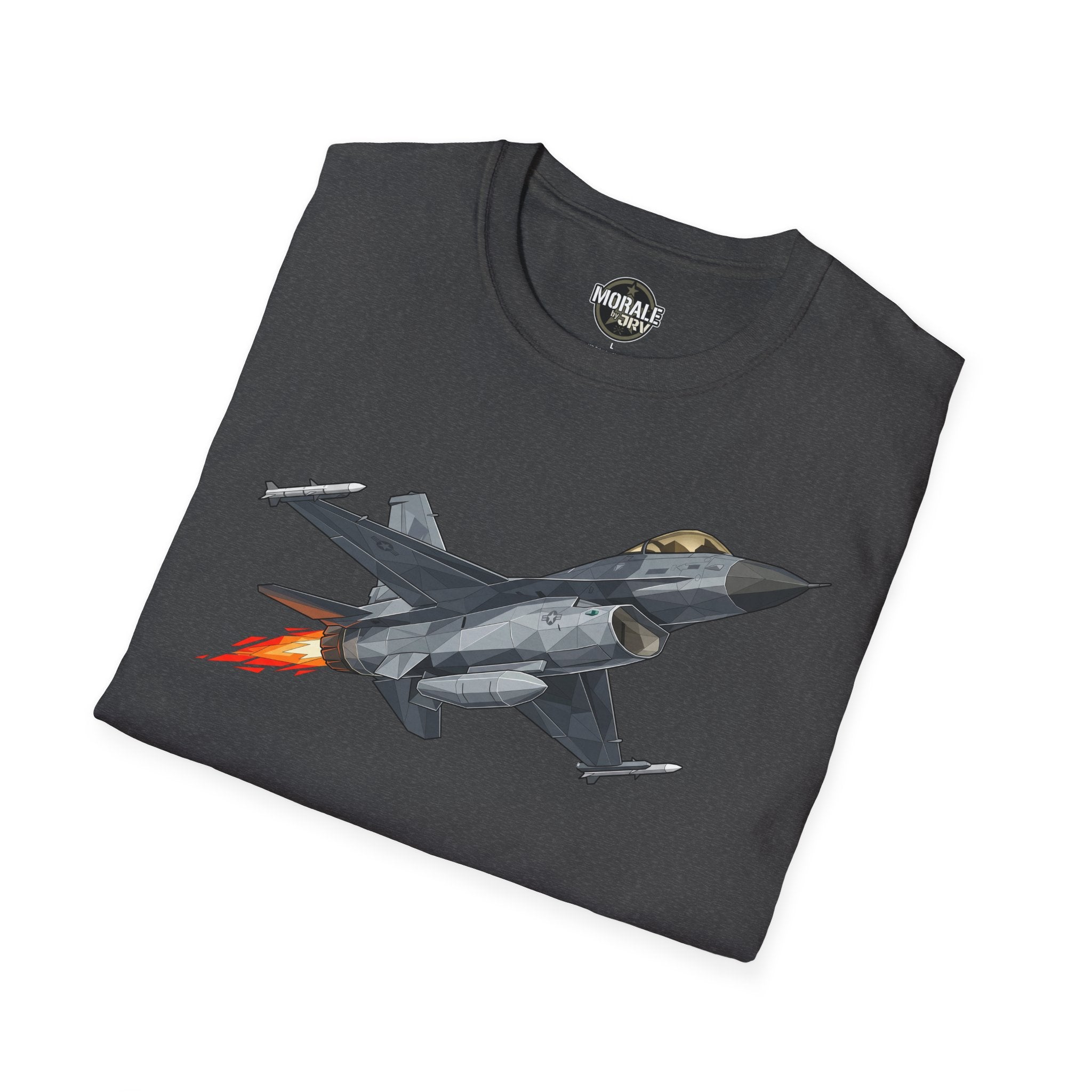 Dark charcoal T-shirt with fighter jet graphic across the chest