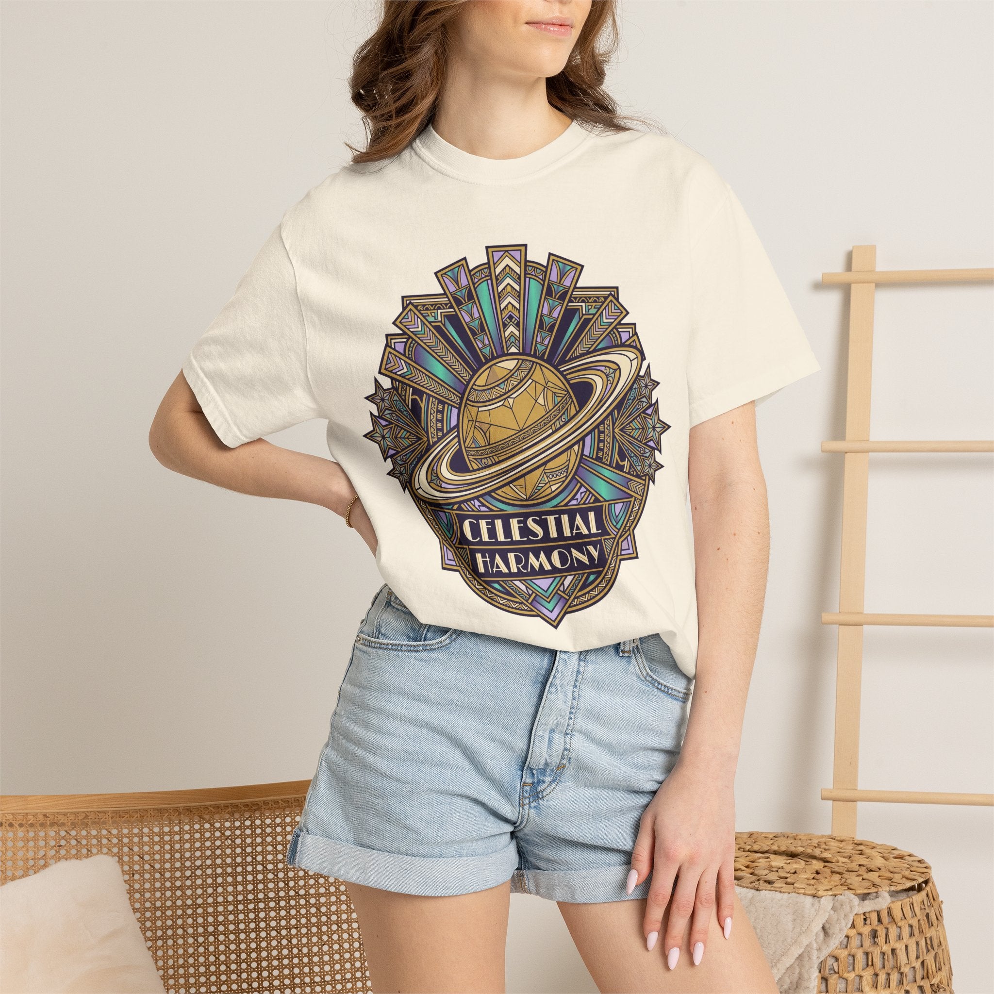 Light cream crewneck T-shirt with multicolor Saturn ring and crest graphic