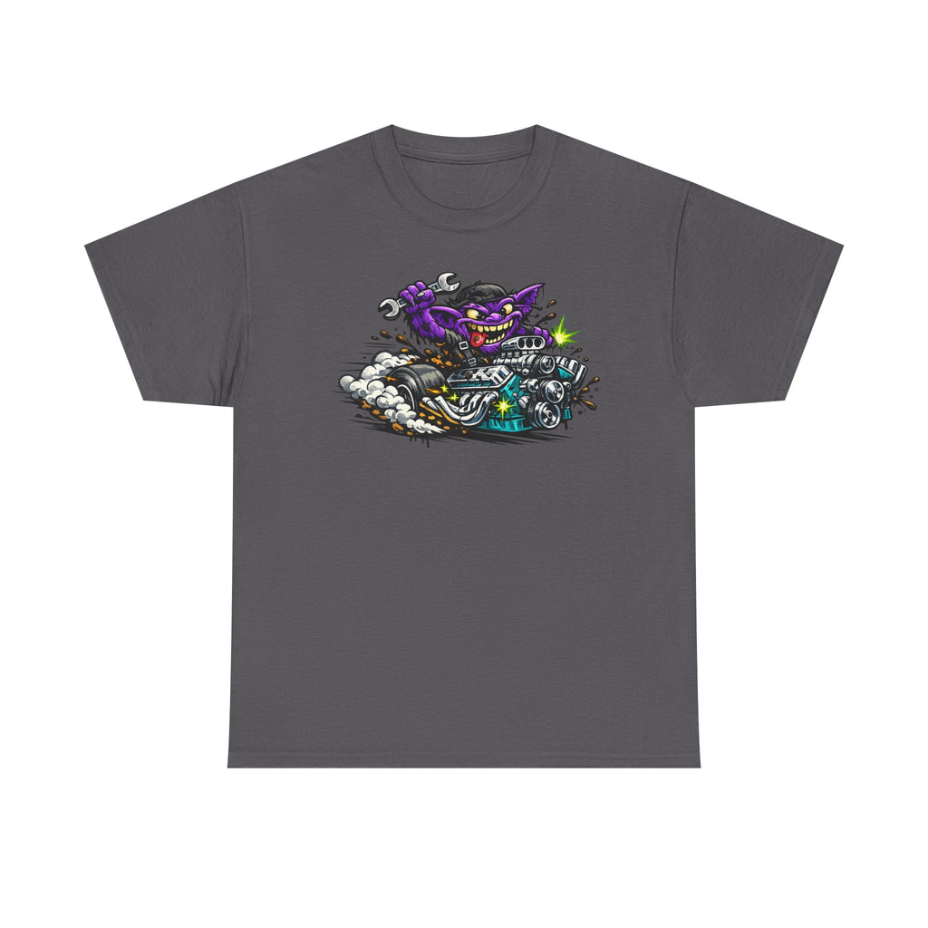 Purple Grinning Cat Biker Tee | Retro Cartoon Motorcycle Graphic T-Shirt, Unisex Streetwear Gift