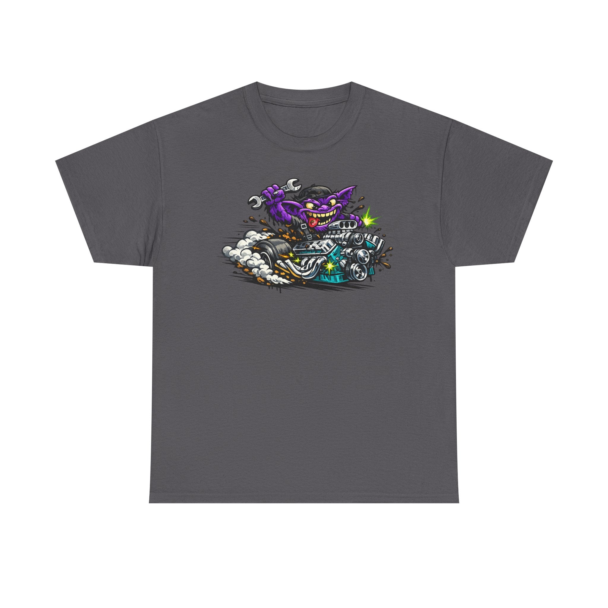 Purple Grinning Cat Biker Tee | Retro Cartoon Motorcycle Graphic T-Shirt, Unisex Streetwear Gift