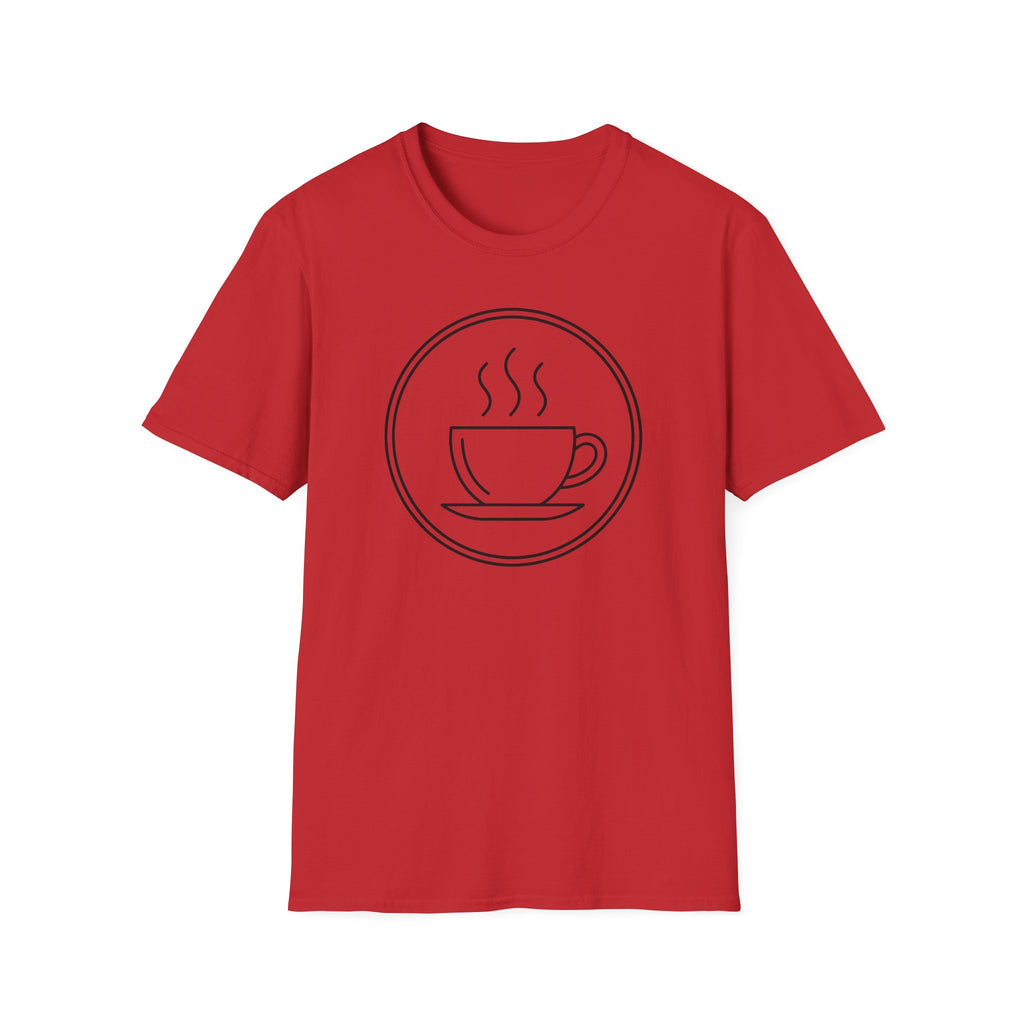 Red unisex t-shirt with front coffee cup and steam graphic inside a circle
