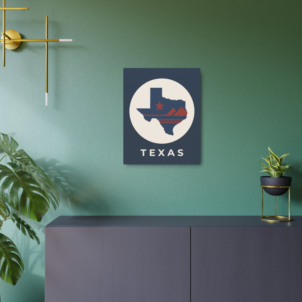 Texas wall metal art sign in dark blue square with circular state silhouette and "TEXAS"