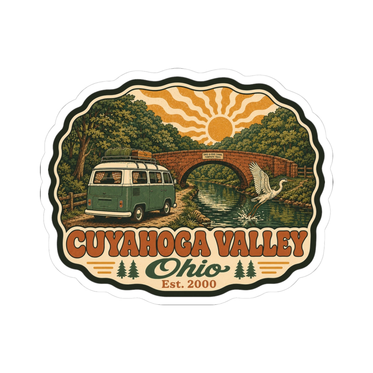 Cuyahoga Valley Ohio sticker: green van, arch bridge, wildlife, Est. 2000