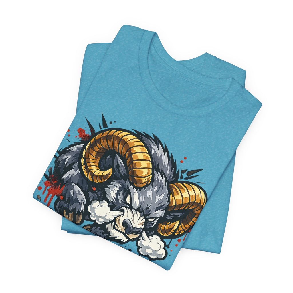 Charging Ram Illustration T-Shirt | Angry Horned Animal Graphic Tee, Wild Bighorn Art Unisex Gift