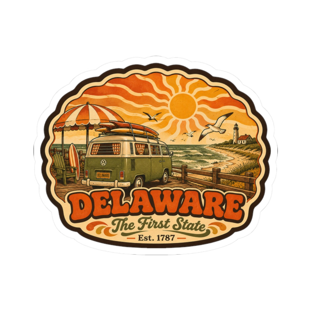 Oval Delaware souvenir decal with vintage camper van by coastline and “Est. 1787”