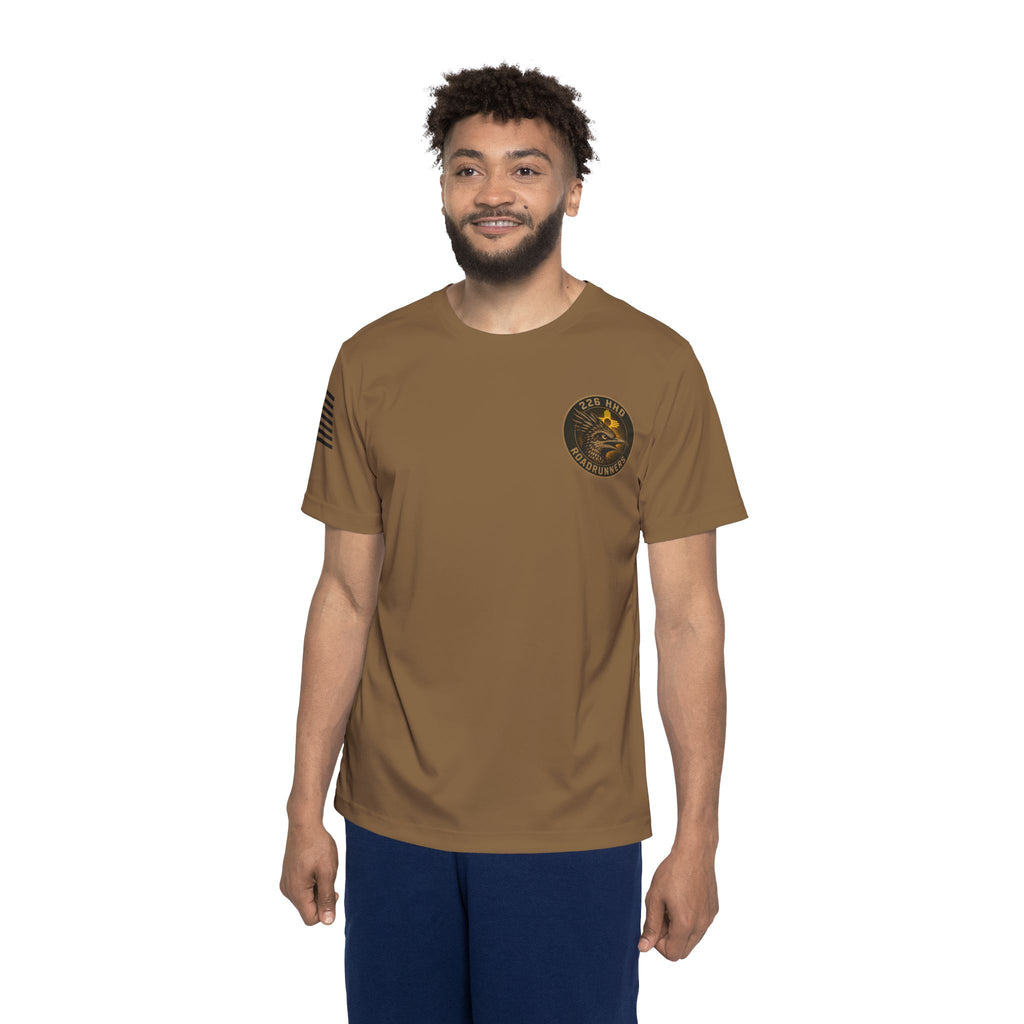 Men's brown crew-neck sports tee with small chest logo worn by model