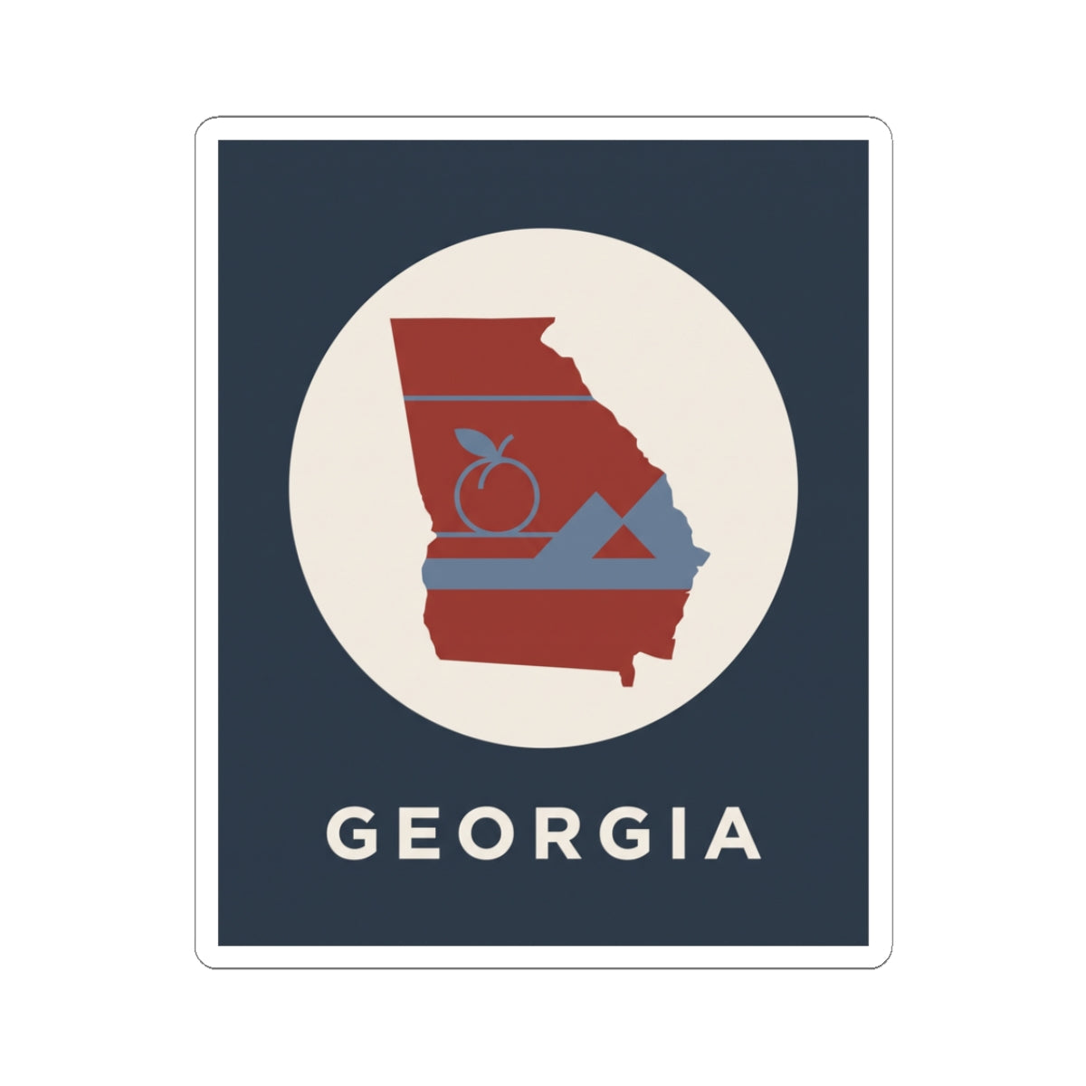 Georgia outline kiss-cut sticker with peach icon and mountains, text “GEORGIA”