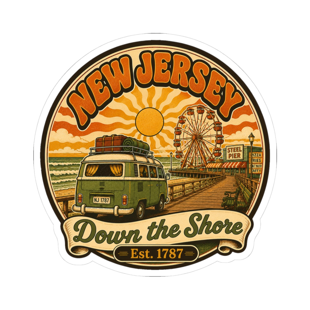 Round kiss-cut sticker with New Jersey beach scene, van, and ferris wheel in orange.