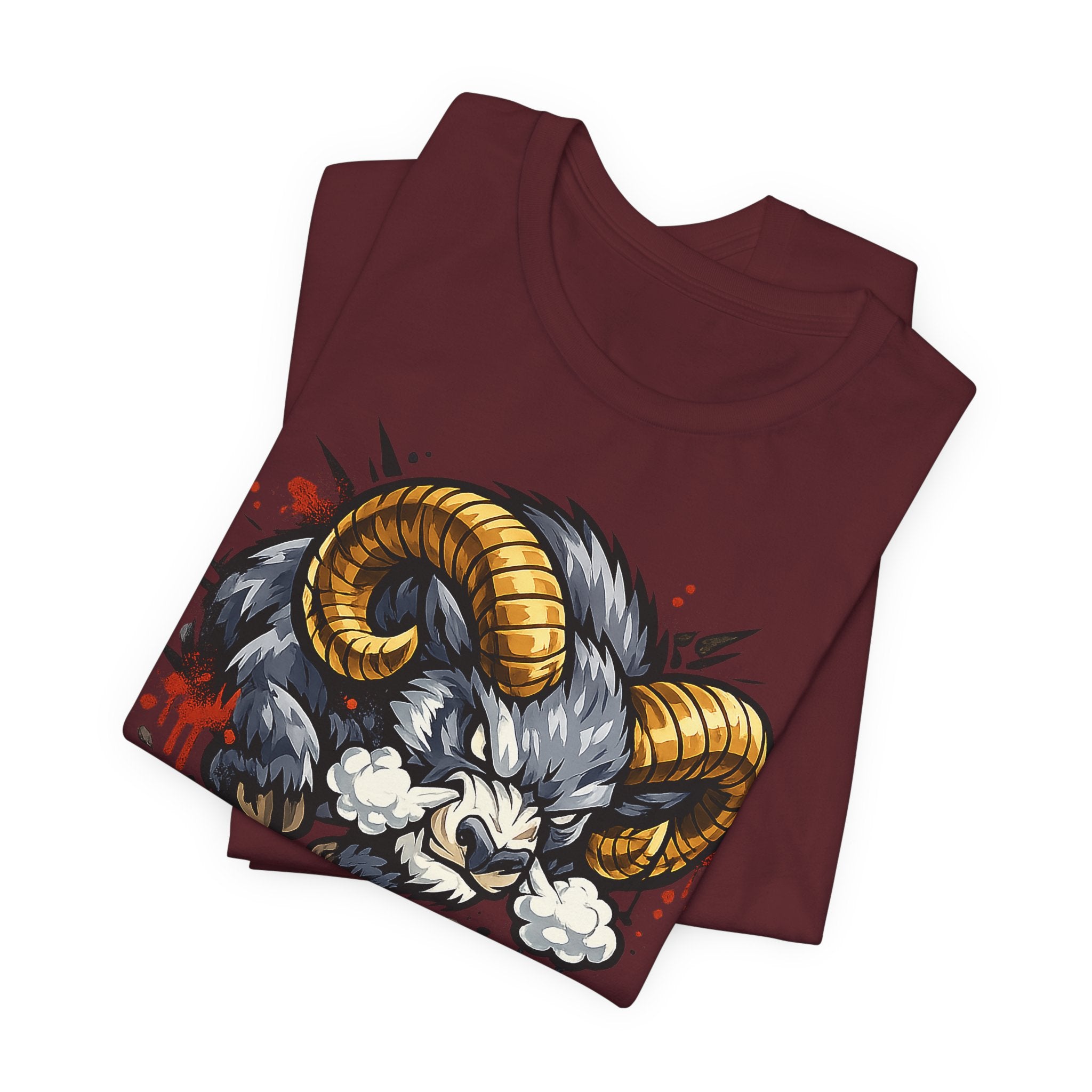 Charging Ram Illustration T-Shirt | Angry Horned Animal Graphic Tee, Wild Bighorn Art Unisex Gift