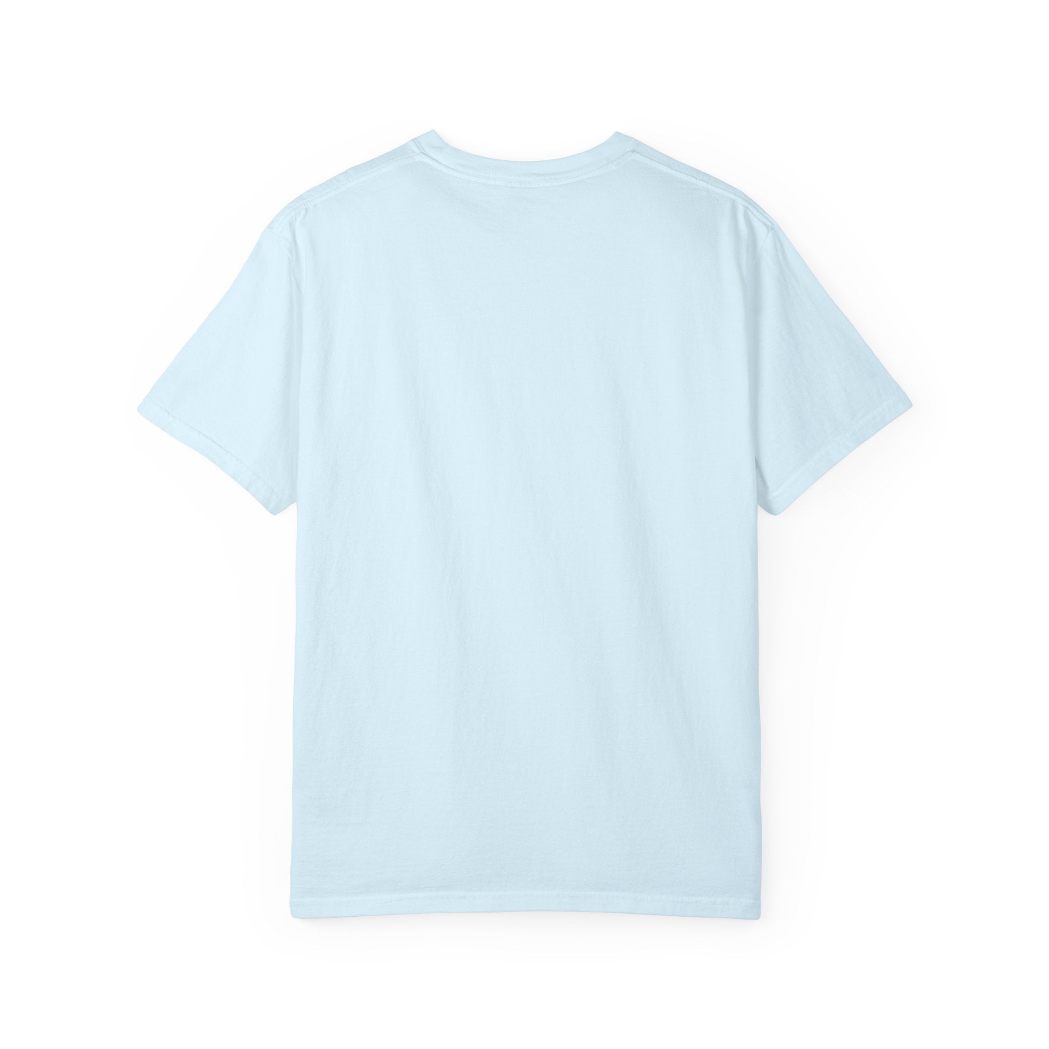 Light blue T-shirt with crew neck and short sleeves, flat lay front view.