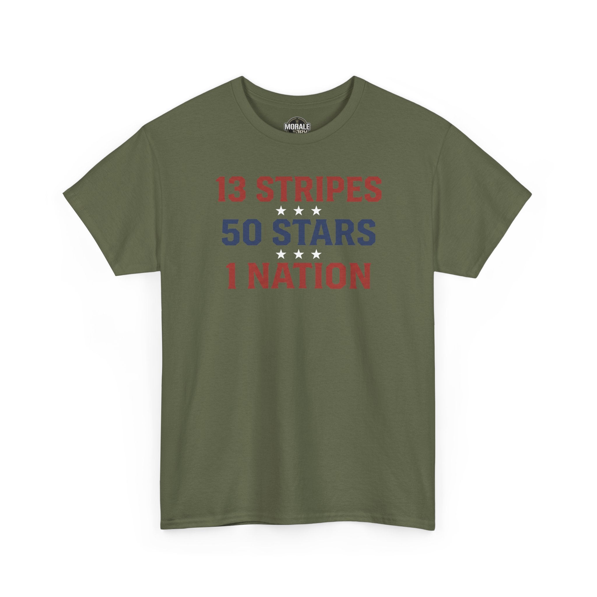 Patriotic T-shirt, olive green, front graphic text: 13 STRIPES 50 STARS 1 NATION.
