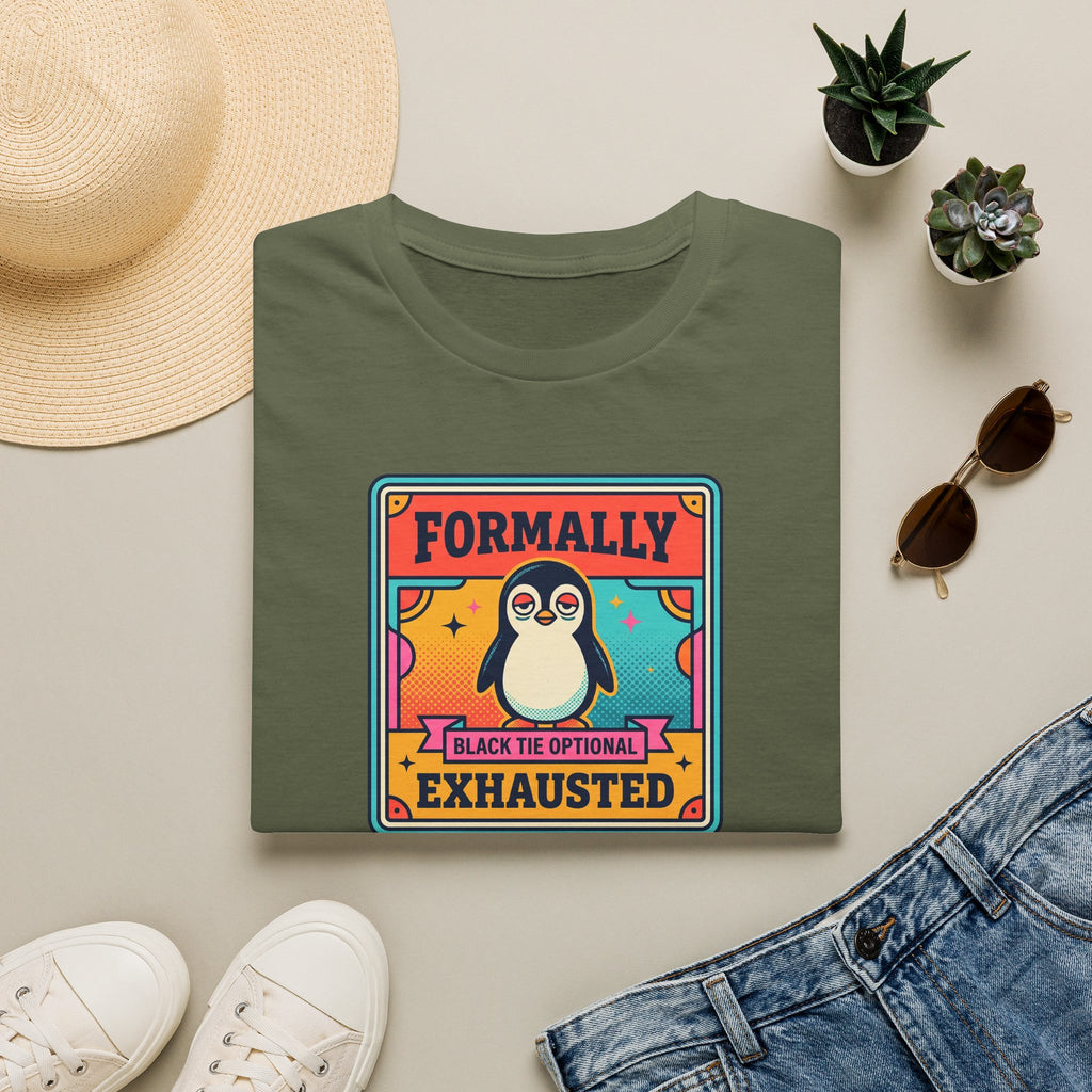 Funny Penguin T-Shirt | Formally Exhausted Black Tie Optional Retro Graphic Tee | Penguin Gift