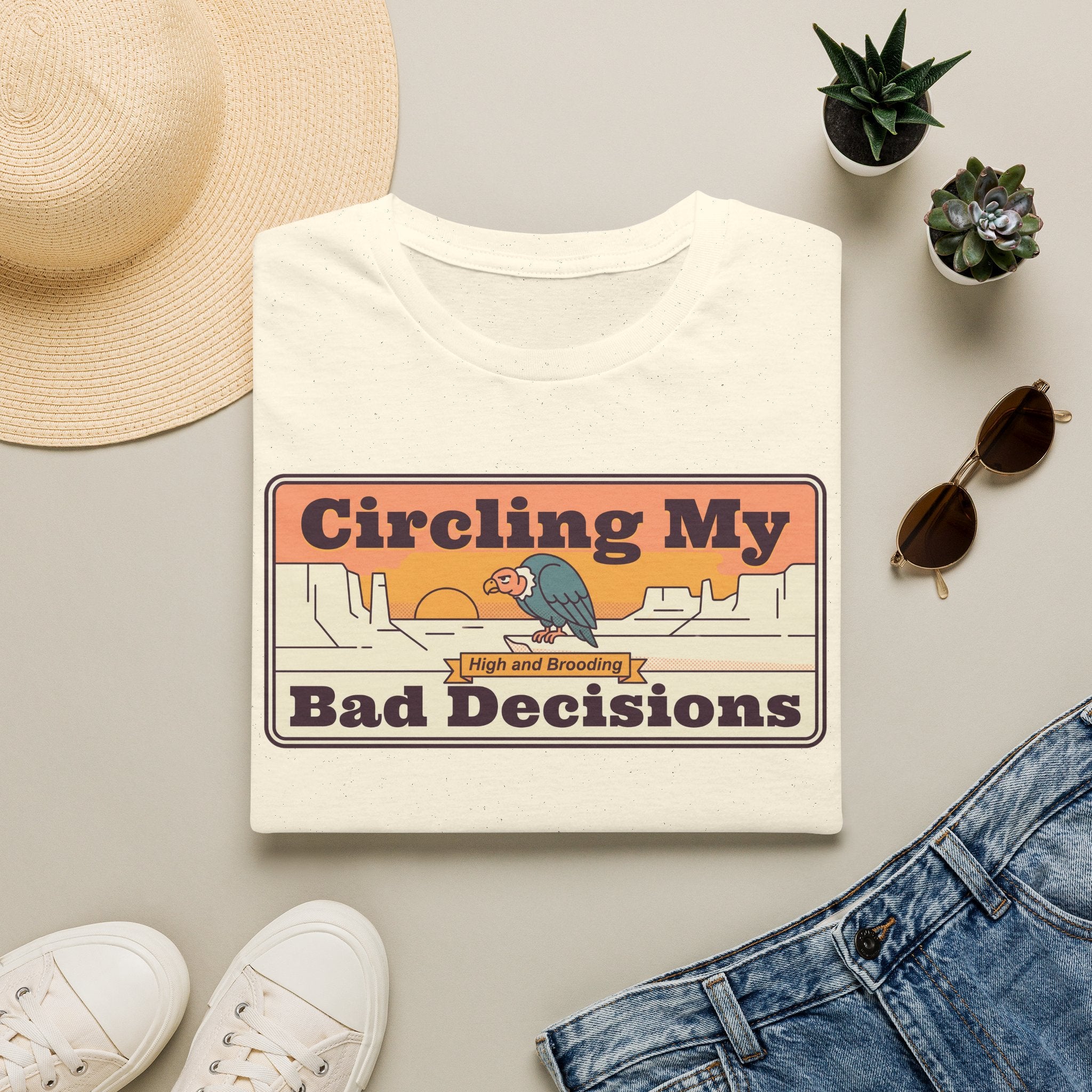 Funny Vulture T-Shirt | Circling My Bad Decisions Retro Desert Graphic Tee | Sarcastic Gift
