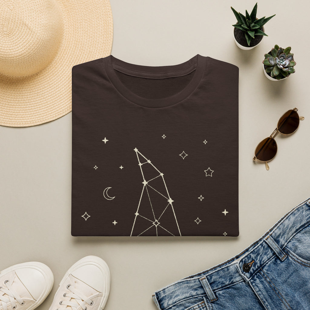 Dark brown witch constellation graphic T-shirt with star and moon symbols
