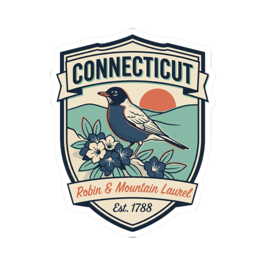 Connecticut shield sticker decal: robin bird with mountain laurel flowers and Est. 1788.