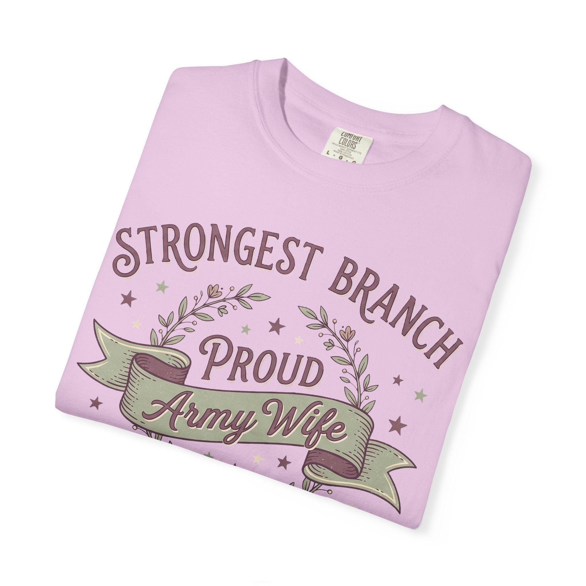 Lilac T-shirt with 'Proud Army Wife' graphic and 'Strongest Branch' text