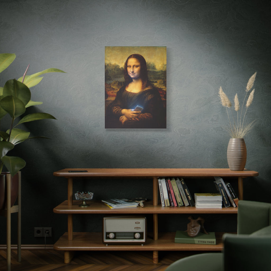 Matte canvas print of Mona Lisa holding a smartphone, framed square wall art