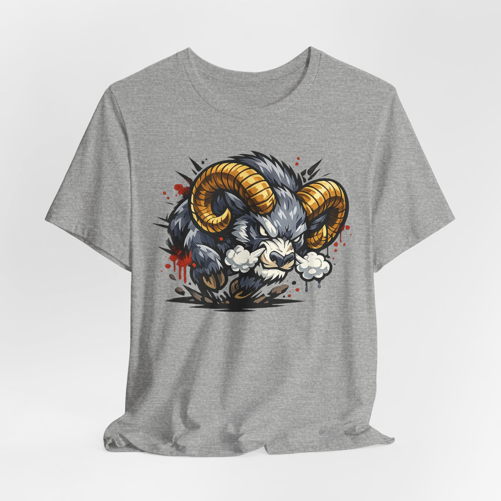 Charging Ram Illustration T-Shirt | Angry Horned Animal Graphic Tee, Wild Bighorn Art Unisex Gift