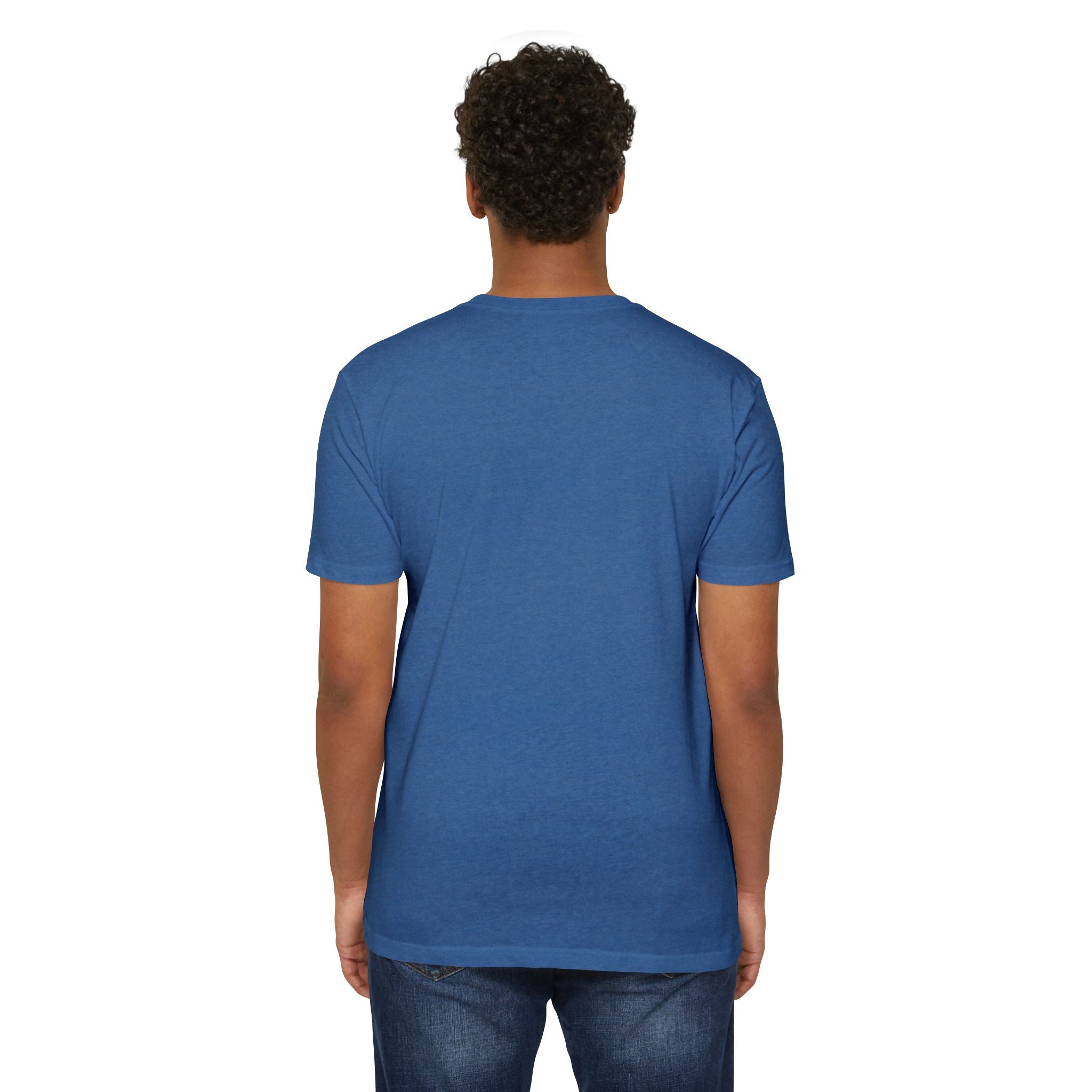 Light blue crew-neck T-shirt, plain back view.