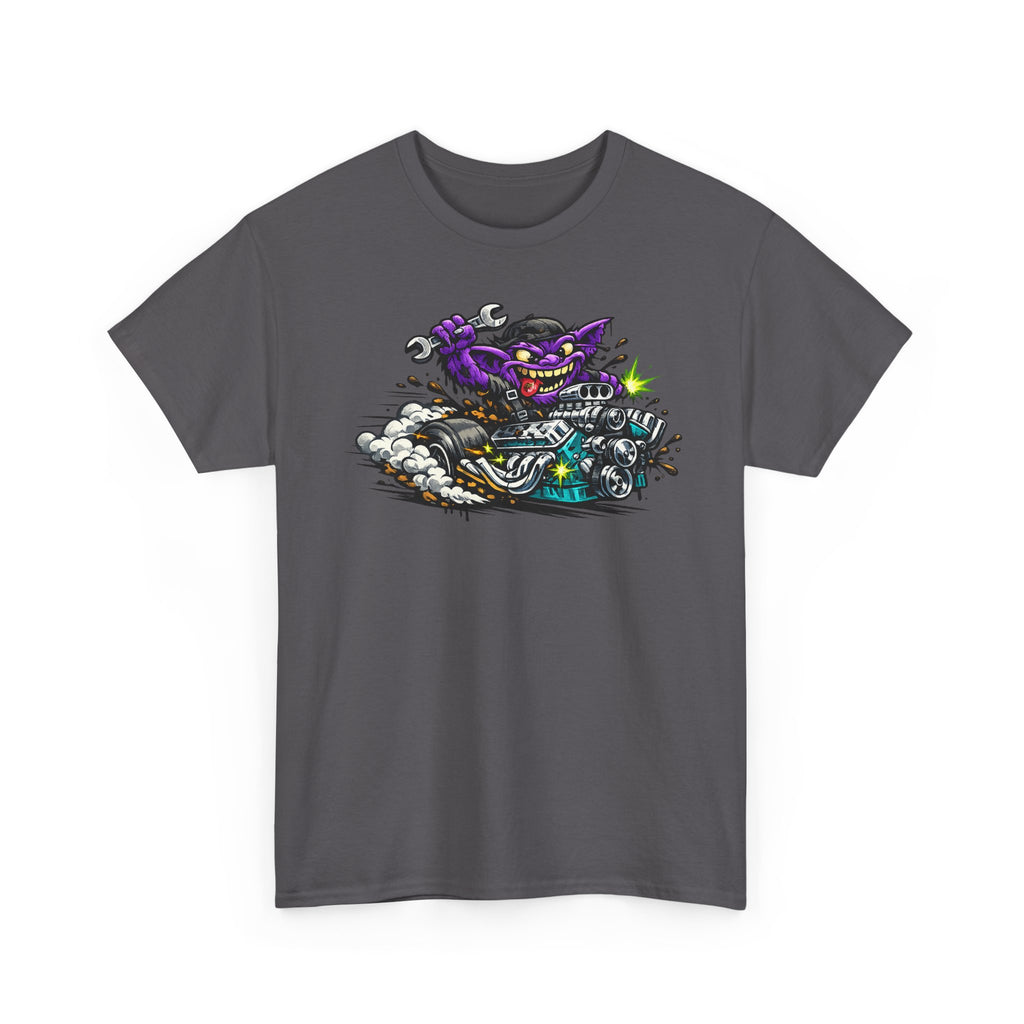 Purple Grinning Cat Biker Tee | Retro Cartoon Motorcycle Graphic T-Shirt, Unisex Streetwear Gift