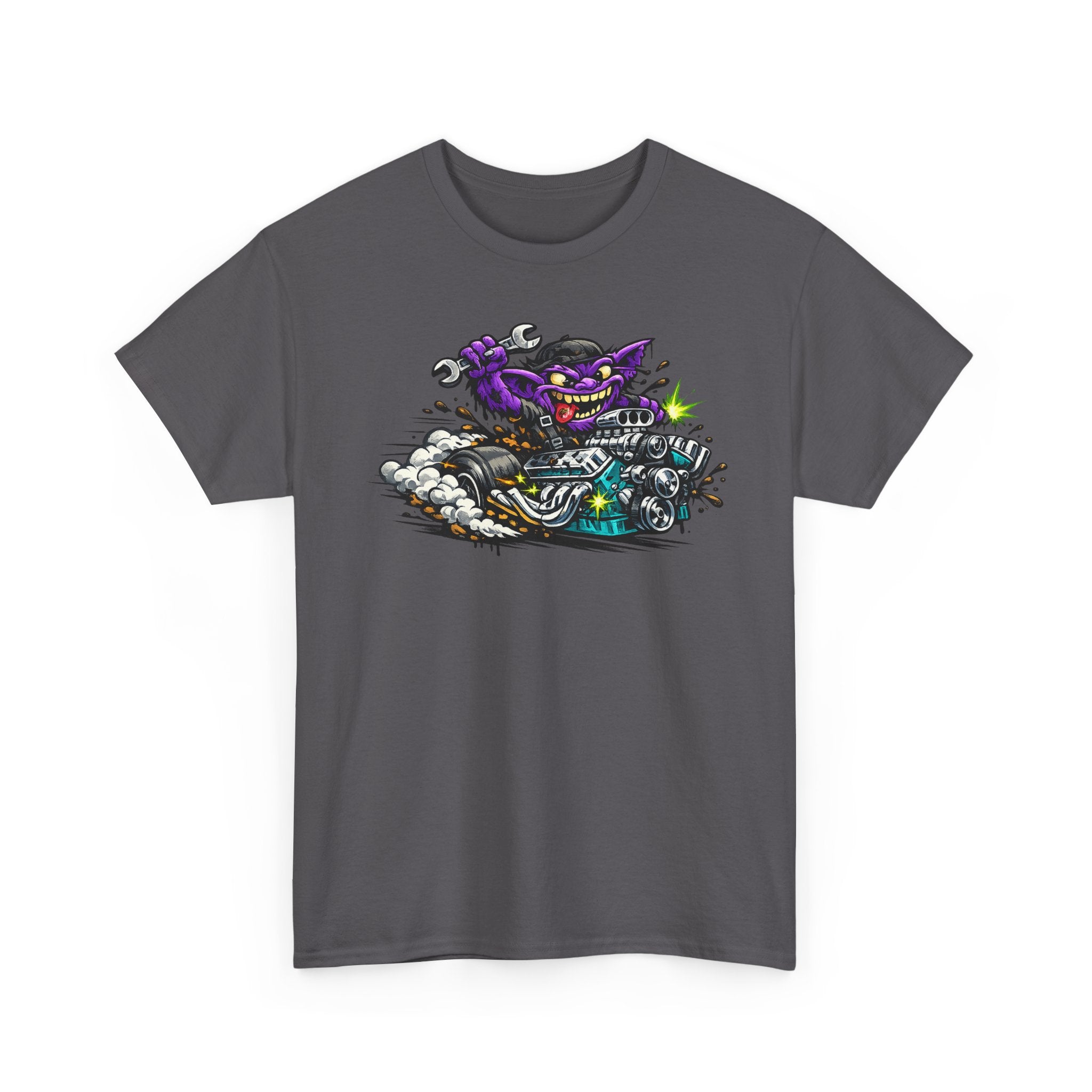 Purple Grinning Cat Biker Tee | Retro Cartoon Motorcycle Graphic T-Shirt, Unisex Streetwear Gift