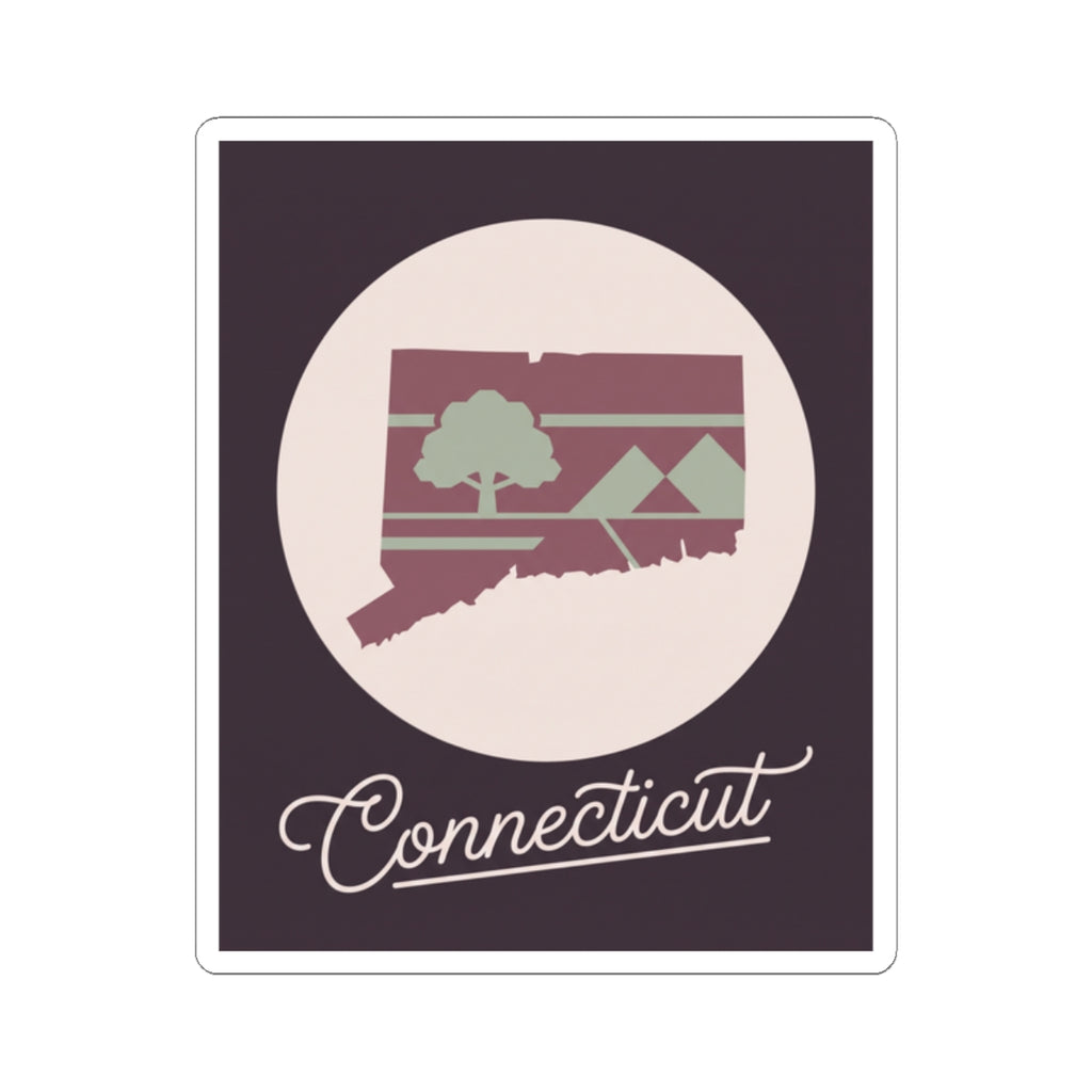 Maroon Connecticut silhouette kiss-cut vinyl decal with circular badge and 'Connecticut' script