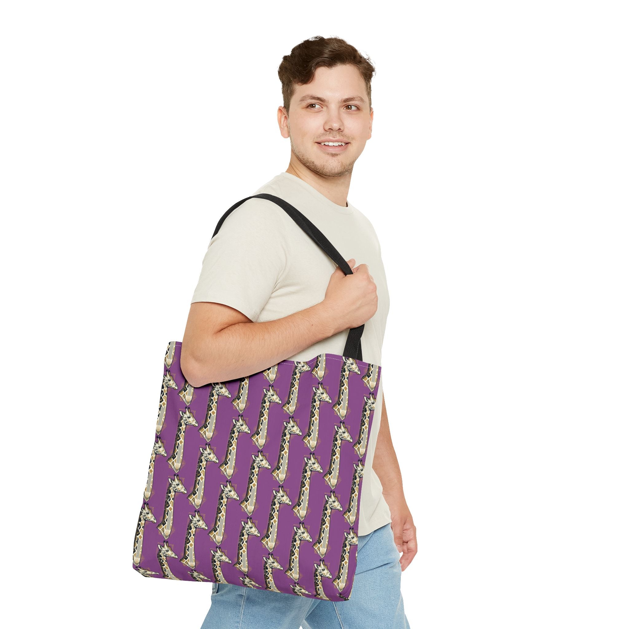 Purple tote bag with saxophone pattern, black shoulder straps on person.