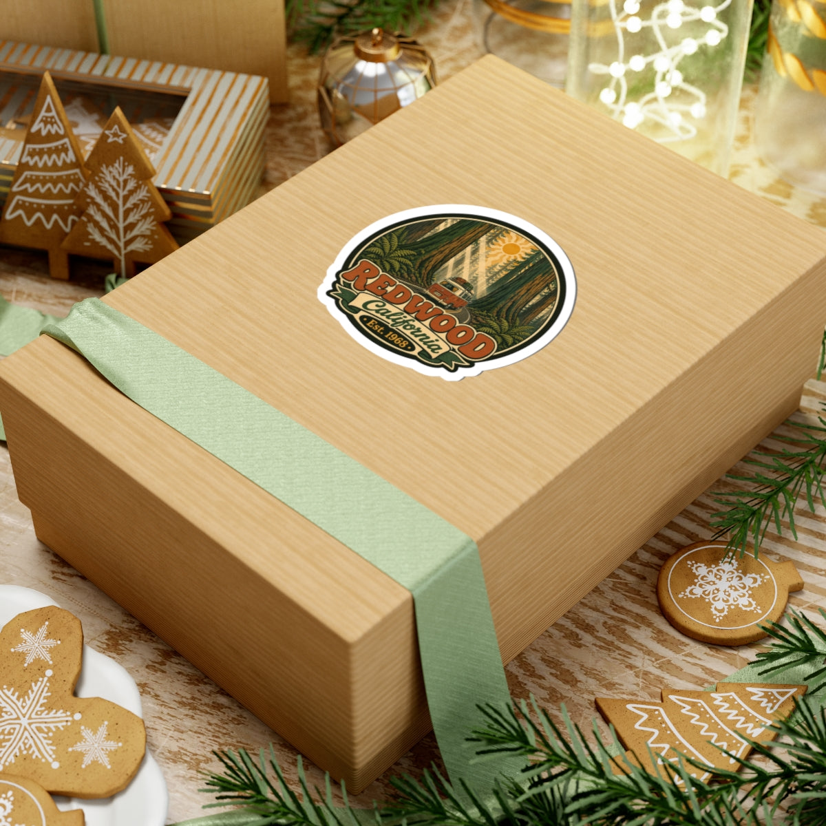 Round sticker with redwood forest scene, camper van, and “Redwood California” banner text.