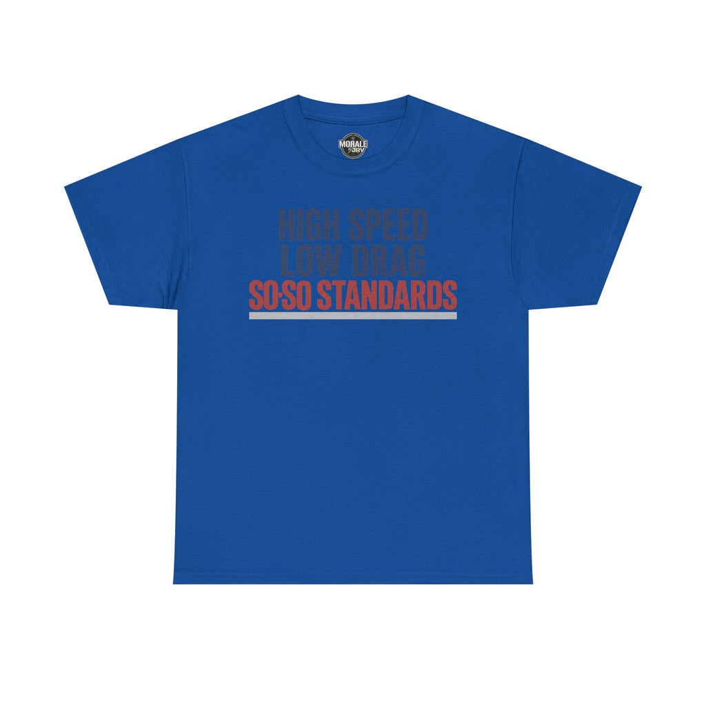 Royal blue crew-neck T-shirt with blue and red "High Speed Low Drag" slogan graphic