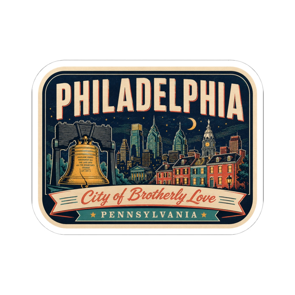 Retro luggage tag sticker featuring Philadelphia, a clock-bell graphic, and Pennsylvania text
