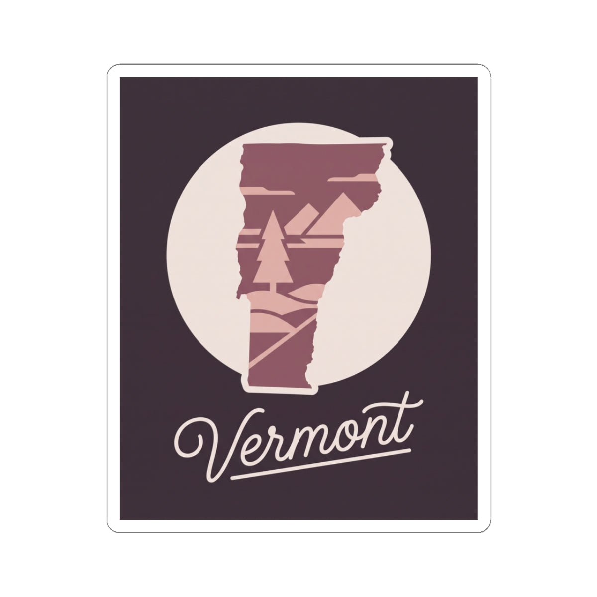 Vermont state silhouette decal with maroon pine artwork and cursive 'Vermont' text, white border