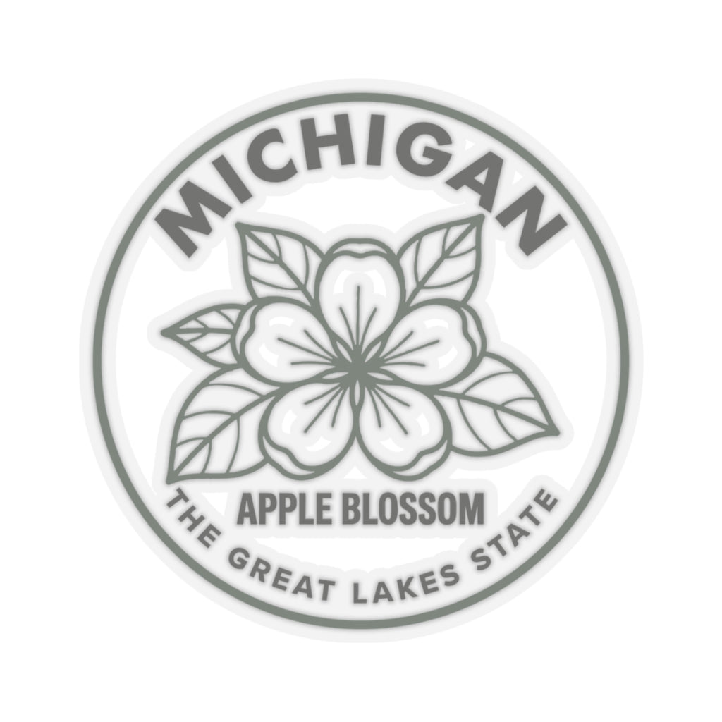 Circular apple blossom state flower sticker with Michigan lettering and gray blossom illustration