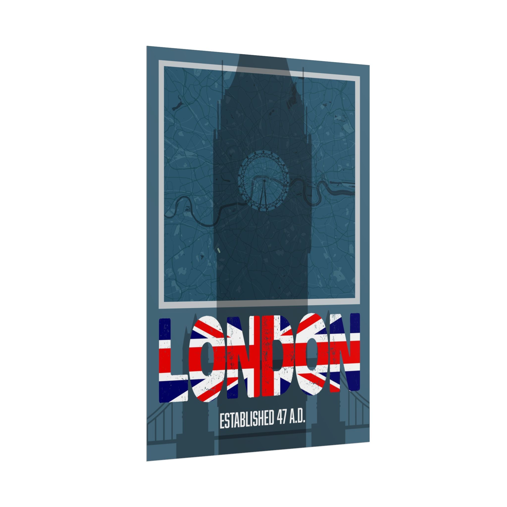 London art print with “LONDON” in Union Jack colors and “Established 47 A.D.”
