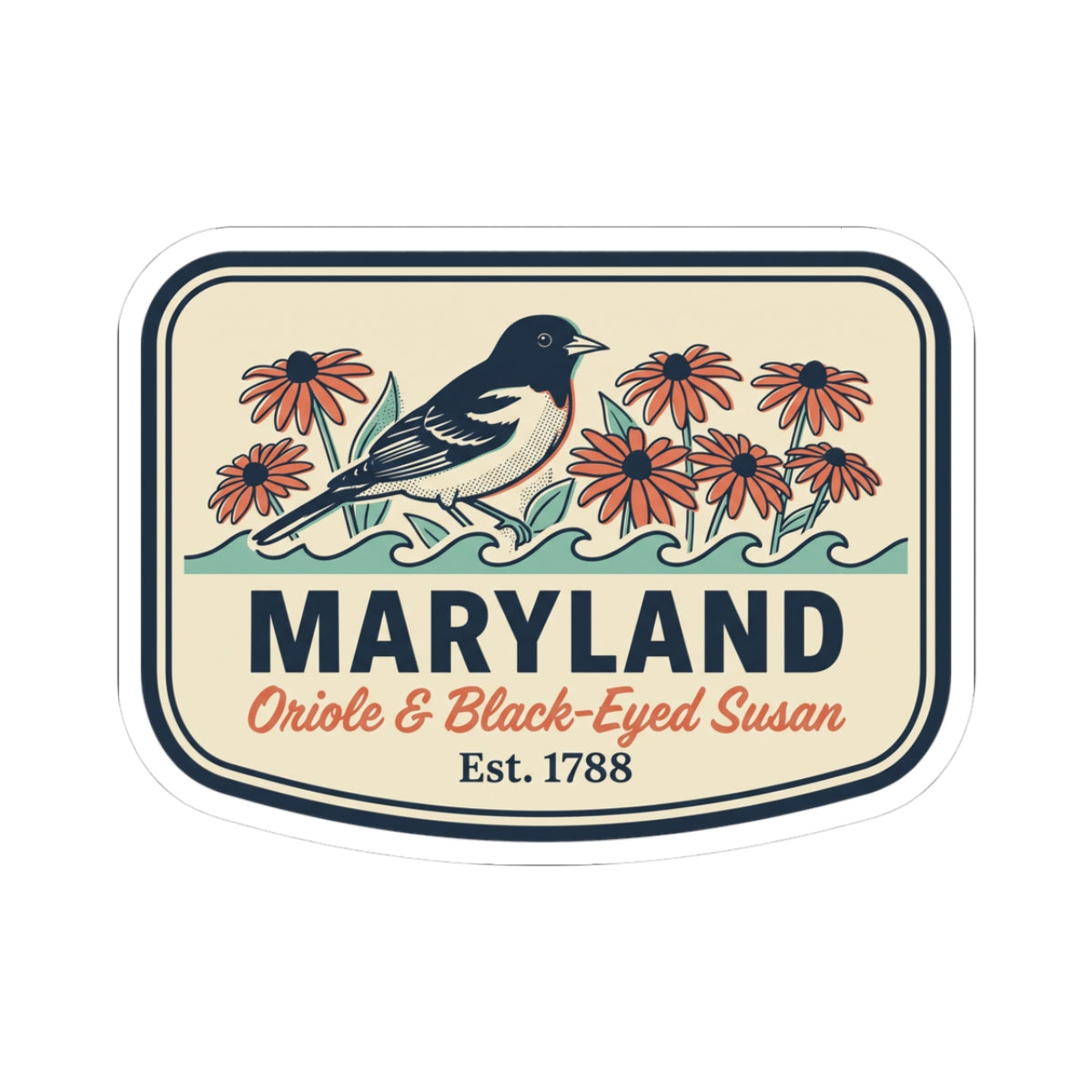 Maryland sticker label with blue bird, red flowers, and “Maryland” text in a badge frame