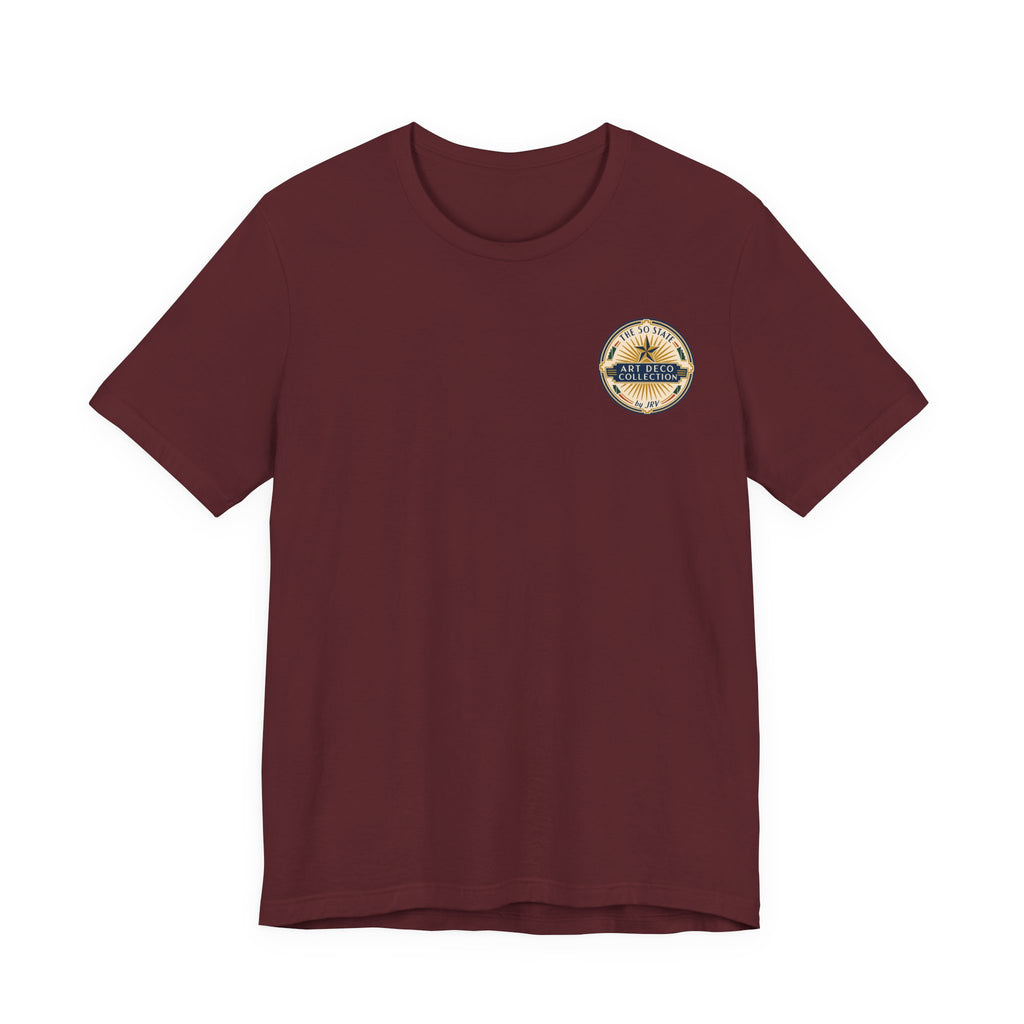 Maroon crewneck T-shirt with round Art Deco logo patch at upper chest