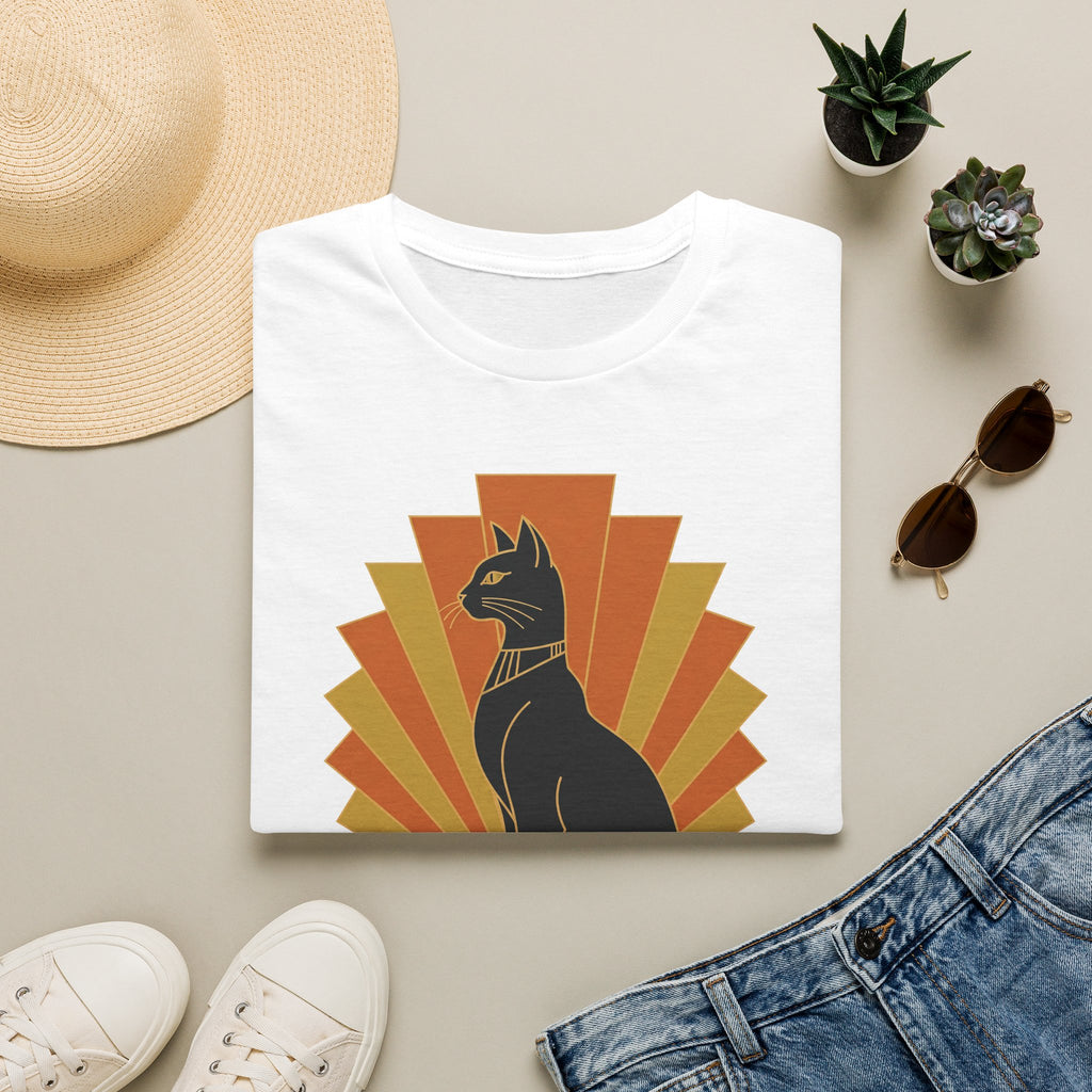 White T-shirt with black Egyptian cat wearing headdress, orange sunburst graphic.