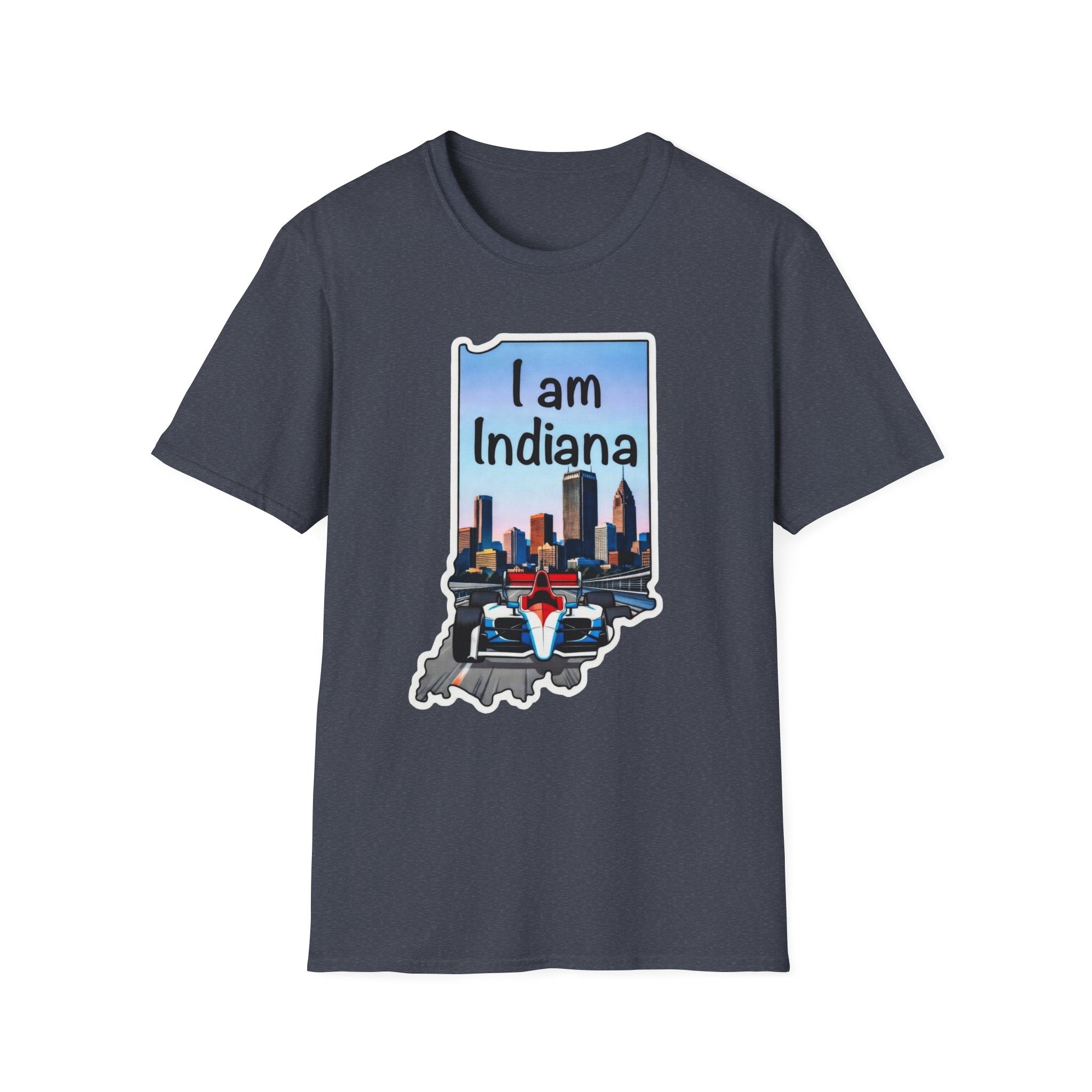 I am Indiana T-Shirt, dunkelblau: Indiana-Schriftzug, Skyline & IndyCar im Umriss