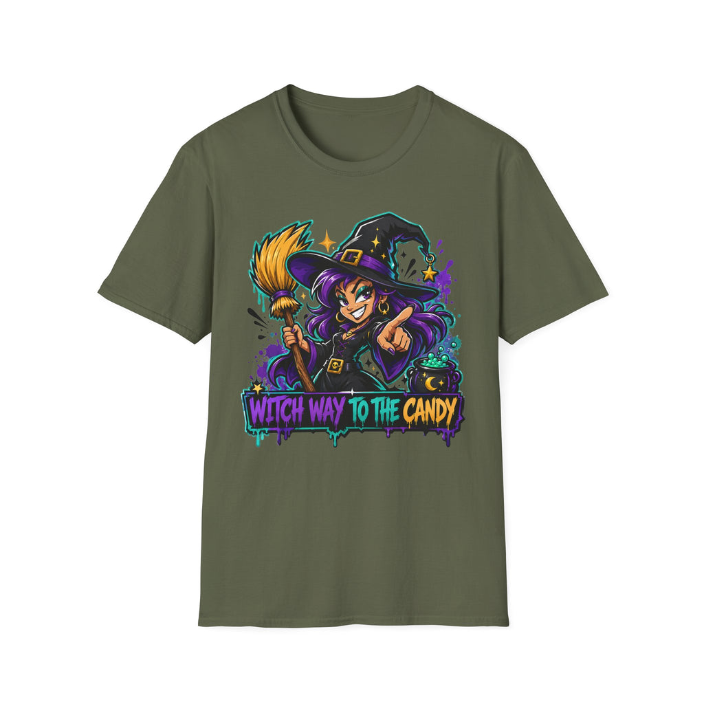 Witch Way To The Candy T-Shirt | Funny Halloween Witch Graphic Tee | Spooky Season Gift | Trick or Treat Shirt